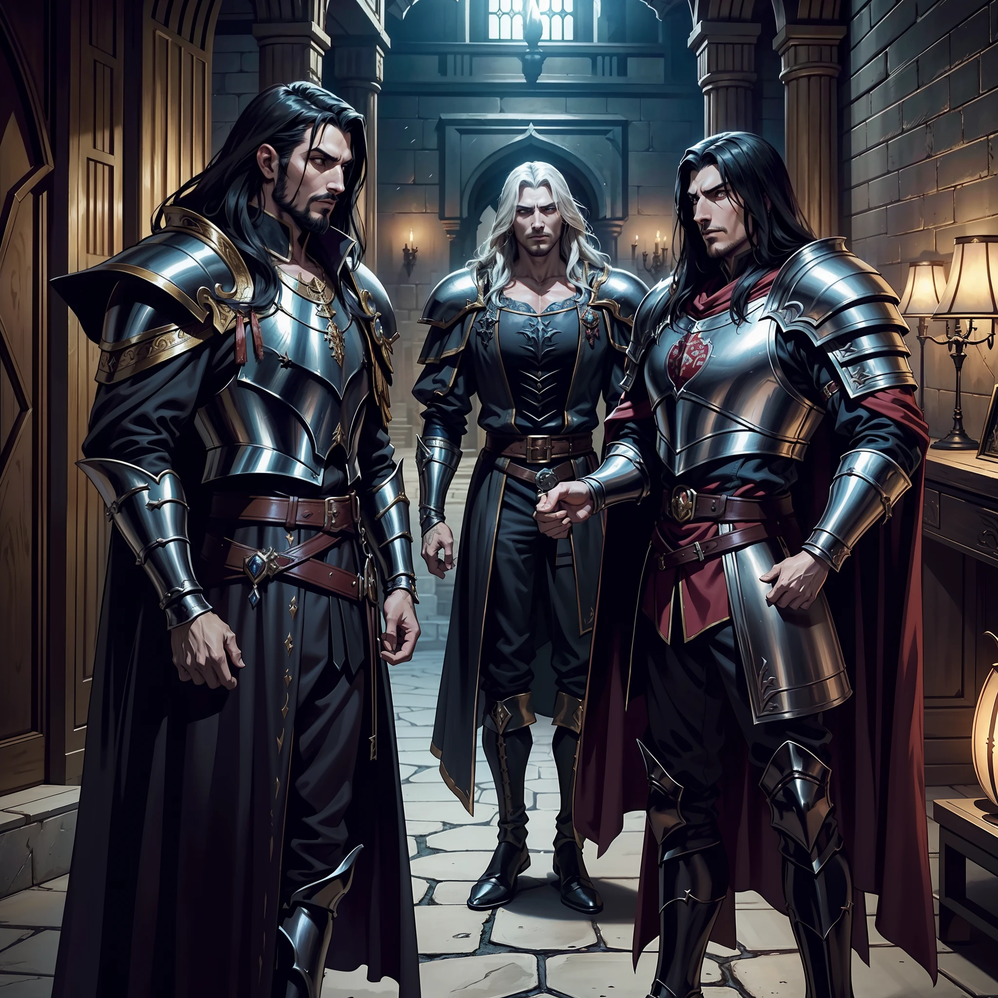 Castlevania Lord of the shadows hyper realistic super detailed Dynamic shot master piece scene cinématique scènes movie Epic Legendary Lord Dracula consulting his people men wearing medieval moroccan Armor leather Armor Wear with demons surrounding him