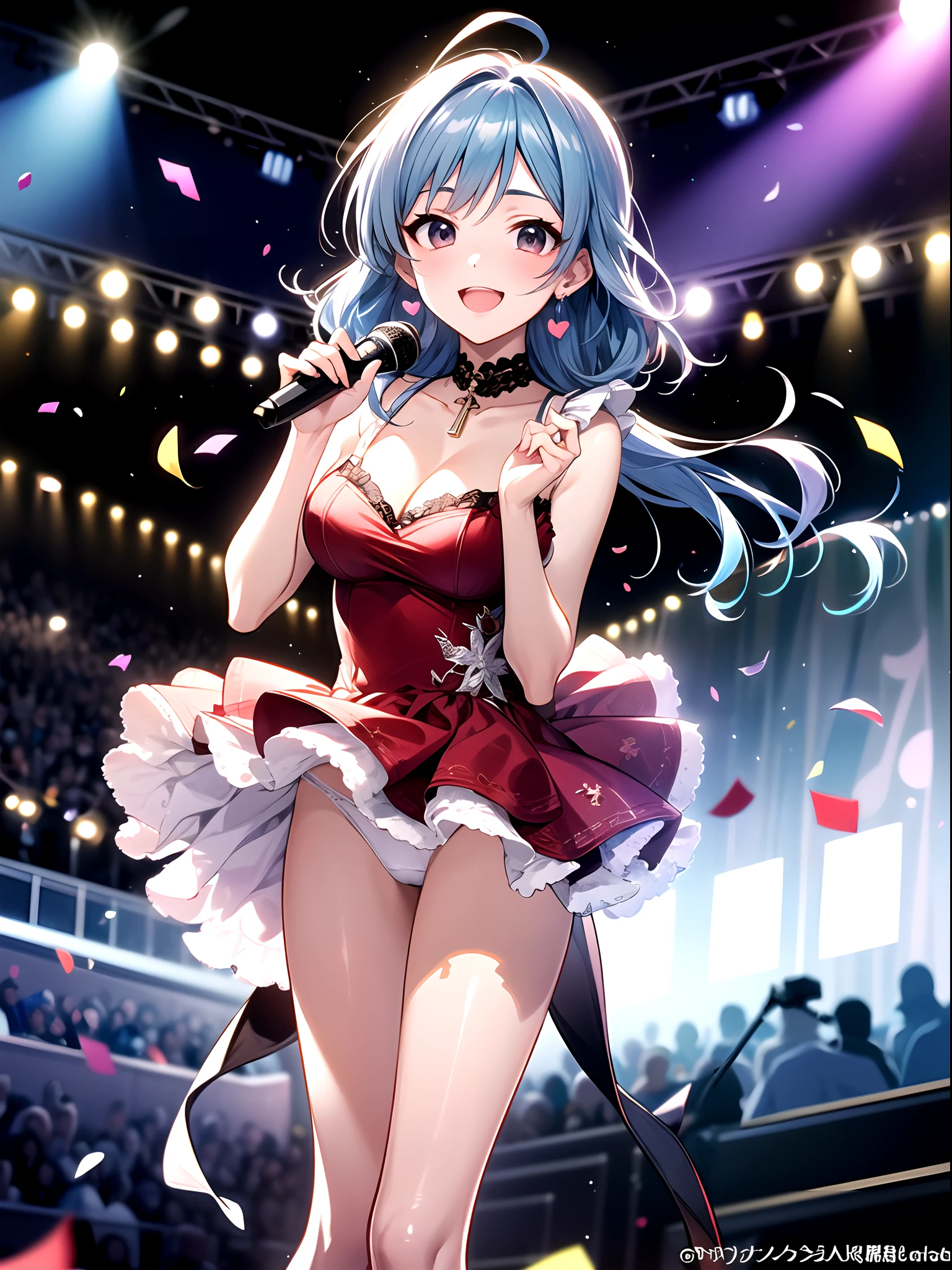 Idol girl in dress dancing on stage with confetti, long twin-tailed light blue hair、 Black eyes、 Detailed key anime art, official artwork, idolmaster, Cute, Gorgeous and cute white and red dress、Hands up、jumpping、hight resolution、The best smile、cleavage of the breast、high-heels、a frilled miniskirt、Shining lighting with neon details、Hold the microphone with your left hand and sing、light reflections、Heart-shaped iris、playful eyes、white panty