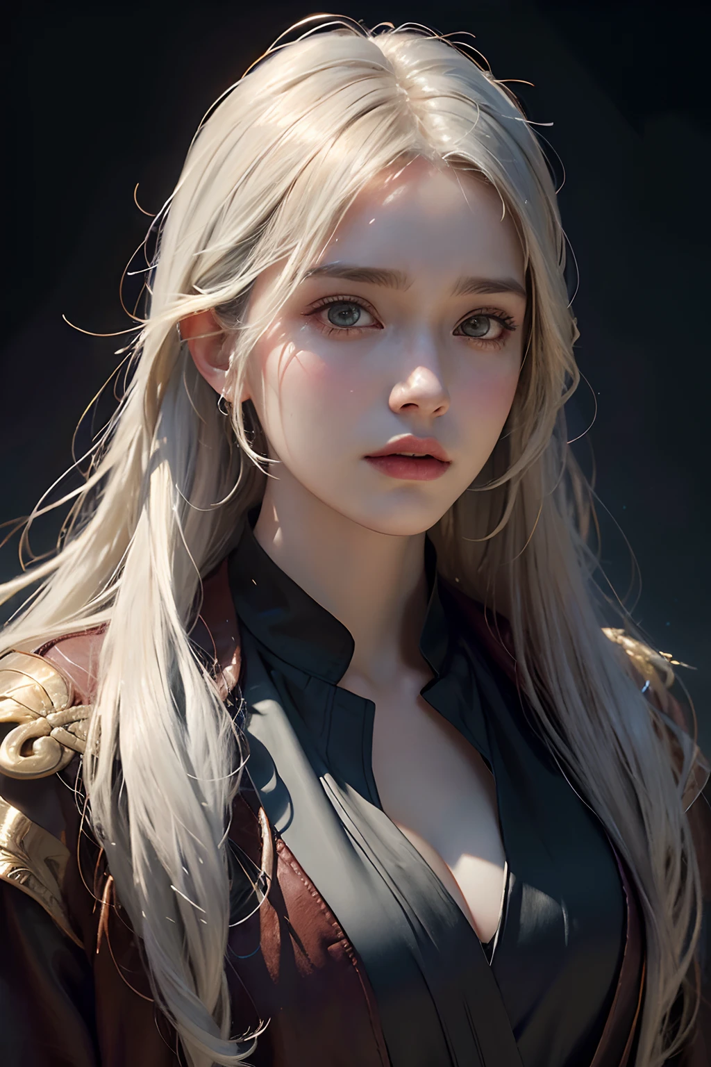 Hyperrealist portrait of female by david hockney and alphonse mucha,fantasy art, photo realistic, dynamic lighting, artstation, poster, volumetric lighting, very detailed faces, 4 k, award winning,, 1girl, in the dark, deep shadow, low key,cowboy shot,(official clothing:1.4) ,long hair,white hair,