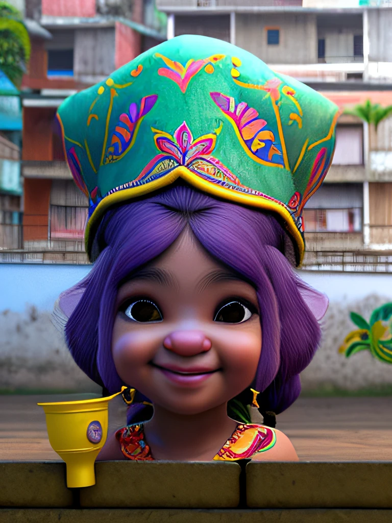 Por favor, create an ultra-realistic representation of the character Lulu from League of Legends as if he were a real person living in the city of Rio de Janeiro, (((favela))), (((Morro))), ((( Paredes))), (((Tijolos))),Brasil. Certifique-se de que a imagem enfatize os seguintes detalhes: rosto humano: Give Lulu highly realistic facial features with authentic human expressions. Destaque a sua cor roxa com detalhes meticulosos, (cabelo roxo), (pele roxa). Big hat and Purple skin: Create a natural hat and realistic skin textures with subtle imperfections. Make sure that lighting and shading accentuate these details. roupas verde e amarela: Vestir Lulu em simples, roupas usadas, typical of favela residents of Rio de Janeiro;. Use as cores da bandeira do Brasil (amarelo, verde, e azul) in your clothes organically and not extravagantly. Ambiente: Put Lulu in a Rio de Janeiro favela setting. Adicione detalhes como paredes de tijolos expostos, Unfinished construction, and graffiti on the walls and surrounding buildings. Ensure that the scenario reflects the reality of impoverished communities. The lighting: Use lighting that simulates the natural light of Rio de Janeiro, com sombras e reflexos realistas. expression: Be careful when capturing Lulu's facial expression so that he feels integrated into the environment and conveys life in the favelas of Rio de Janeiro. detalhes do corpo: Improving human characteristics, como rugas, veias, e texturas da pele. Cultural incorporation: If possible, adicionar elementos culturais brasileiros, as typical musical instruments, arte de rua, ou objetos que evocam a cultura local. Por favor, make sure the final image conveys the feeling that Lulu is a real person living in Rio de Janeiro, em uma comunidade empobrecida, e que todos os detalhes estejam em harmonia com essa narrativa. (cabelo roxo), (pele roxa), (Dwarf), (((dwarven woman)))