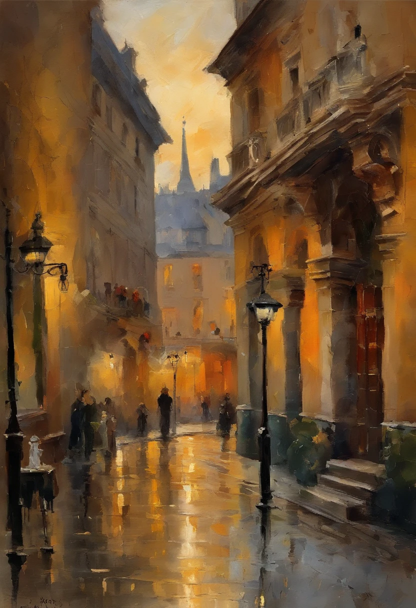 Oil paint of sunset in a European city from the 1940s, with beautiful neoclassical and French style buildings, the afternoon is rainy and you can see the reflections of people and faces on the pavement, elegant atmosphere, many details, render lumion 8k, render unreal engine architecture, many details, cinematic yellow lighting in warm tones, image in the style of an impressionist oil painting, monet, manet cezanne,