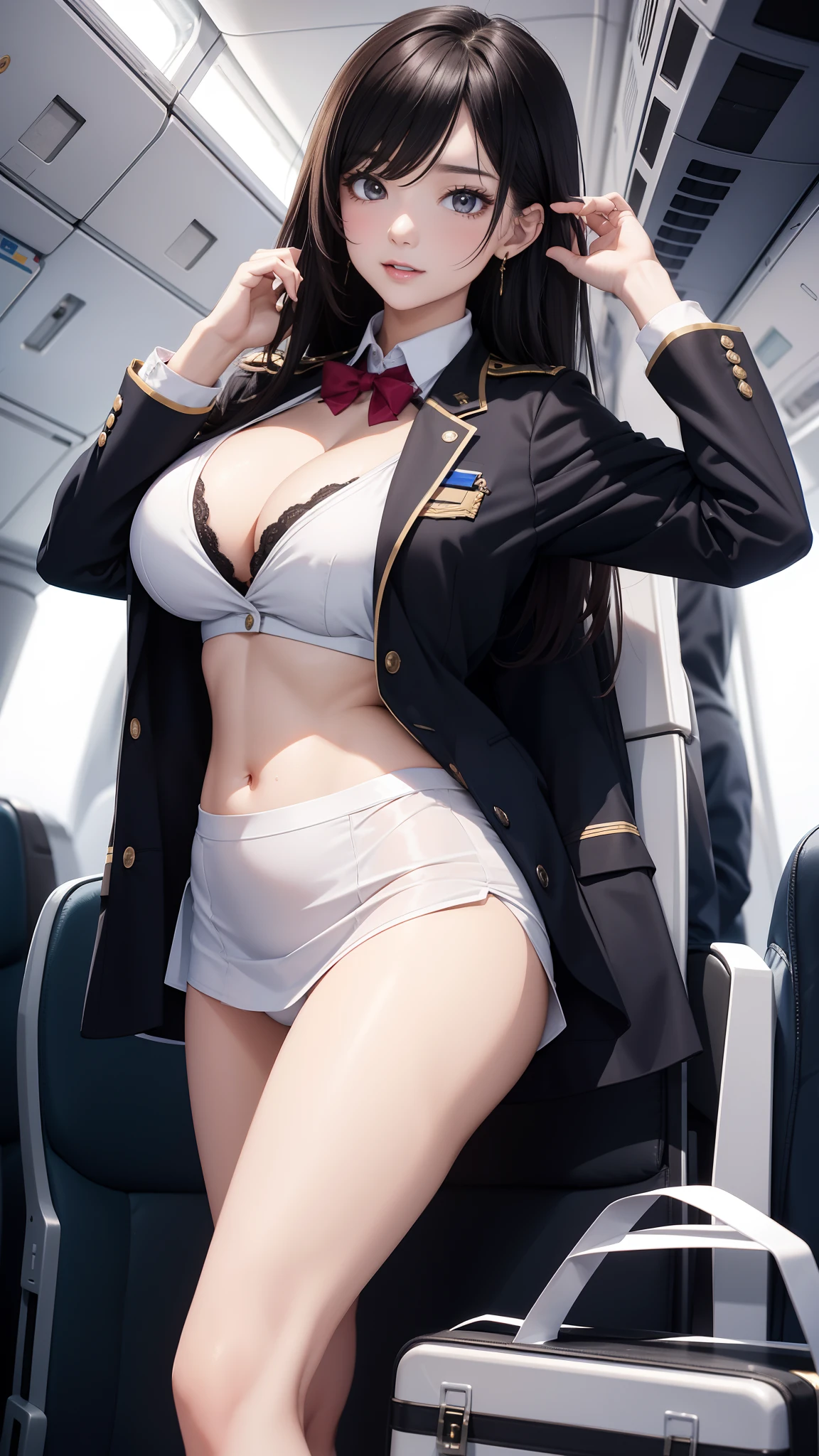 tmasterpiece，super-fine，Best quality at best，1girll，flightattendantuniform，Leaky big breasts，Leaky thighs，On the plane，Open navel，Leaky collarbone