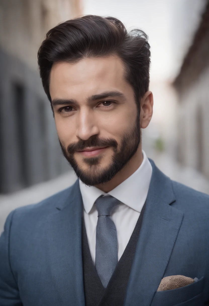 Sigma man, judgmental, black hair beard, muscular, smiling slyly, wearing casual suit, Turkish, ultra realistic portrait