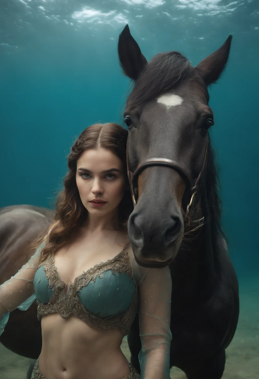 Imagem 2:3 ultra-detailed and intricate underwater: | um belo guerreiro negro, cabelos logos| Looking at camera, mounted on a being with a horse's head and front paws and back made of a showy and long fishtail|. Vida marinha. Underwater image, 8k, imagem perfeita, obra de arte, cinematiclight, obra de arte.