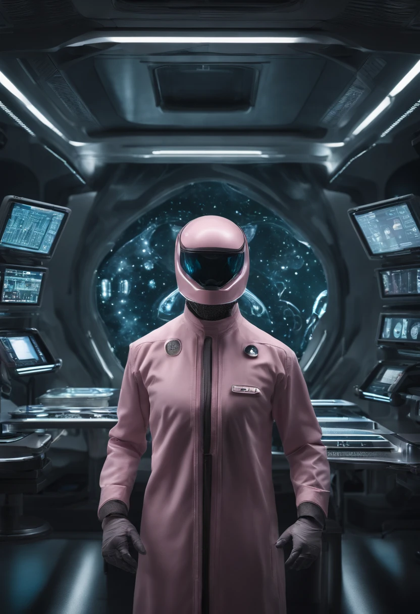 Em uma nave estelar do futuro, transport yourself to a stunning lab, where specialized alien doctors conduct advanced genetic studies. The atmosphere is saturated with intricate extraterrestrial symbology, and holography flows through space, adicionando camadas de complexidade visual. At the center of this scenario, An alien doctor stands out in her realistic pink costume, cujo olhar cativante e expressivo, characteristic two T-Grey, contrasts with his large head and delicate facial features. The camera, positioned at a strategic distance, captures a bird's-eye view that encompasses both the breadth of the laboratory and the expertise of physicians who dedicate themselves to their tasks with precision. In the midst of futuristic technology, The lab proves to be a site of deep genetic exploration, where the combination of alien medical skills and technological advances results in a breathtaking visual and scientific spectacle.