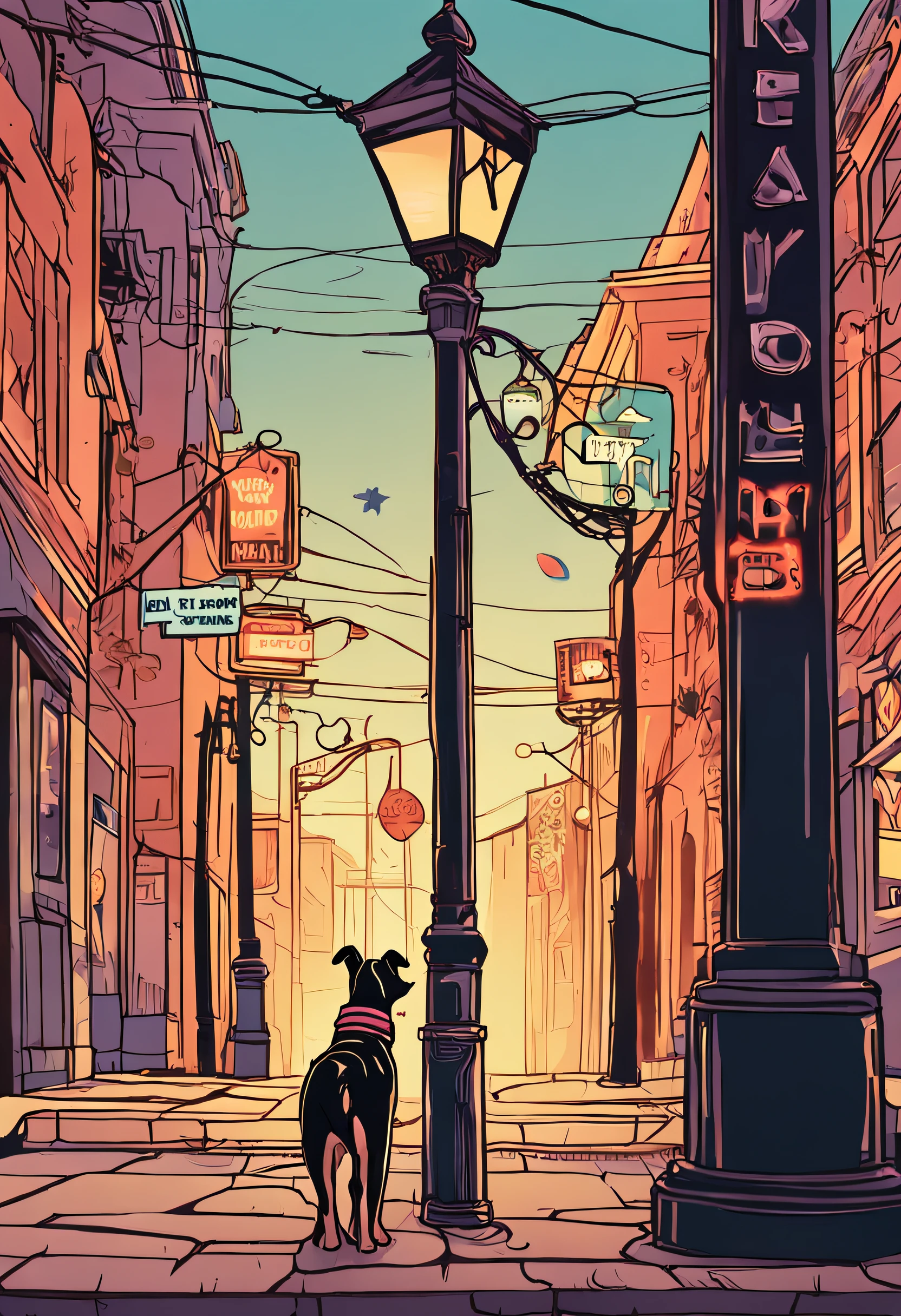 A girl leads a dog standing next to an electric lamppost，hand painted style