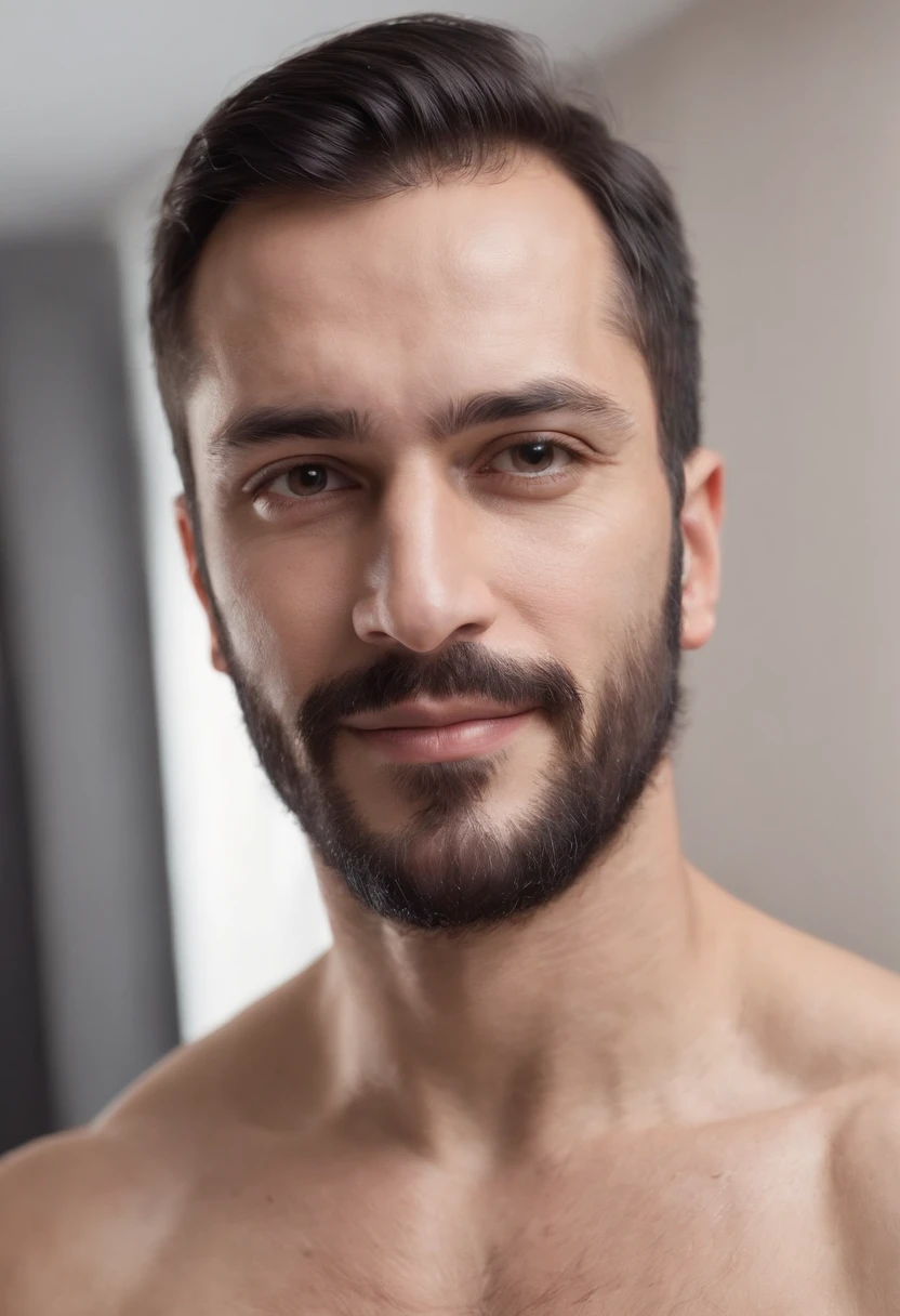 Sigma man, judgmental, black hair beard, muscular, smiling slyly, shirtless, inside a bedroom, Turkish, ultra realistic portrait