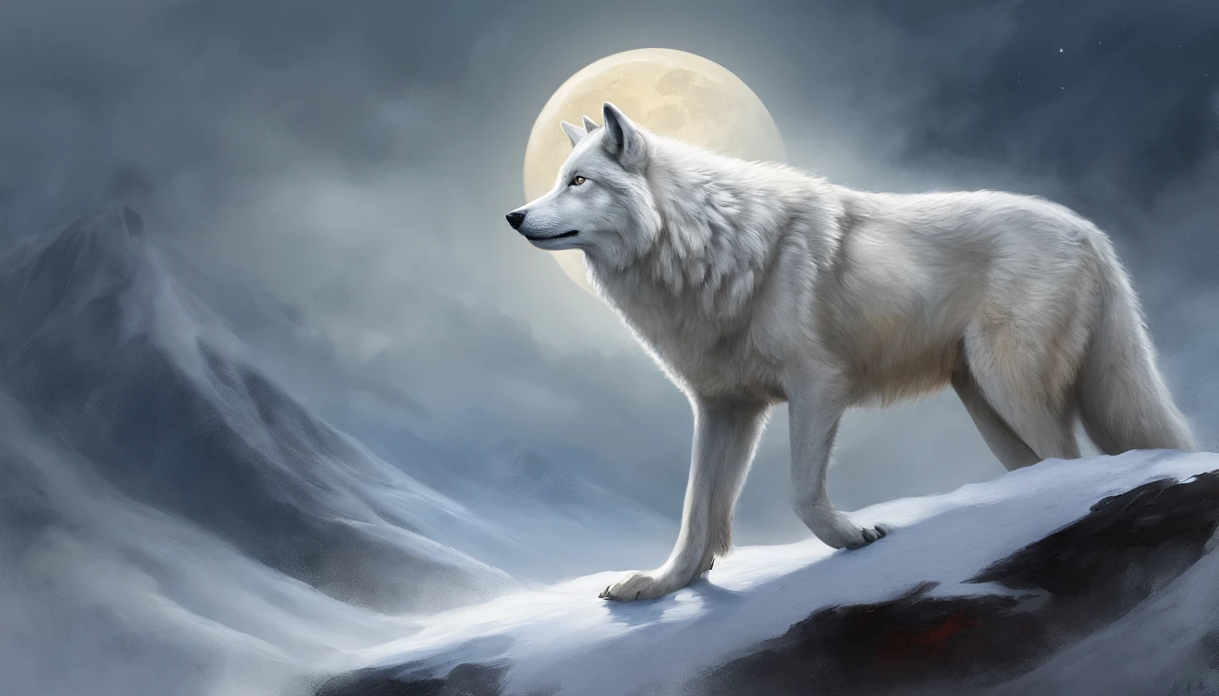 White wolf standing in front of a moon，The volcano ahead erupts with swirling magma，The sky is dark red，Away from the crater is endless black，In front of this white wolf, Countless beast-shaped black shadows rushed towards it，This white wolf was not afraid, And his eyes were firm，Flickering with a faint blue light，The big picture is oppressive and majestic。