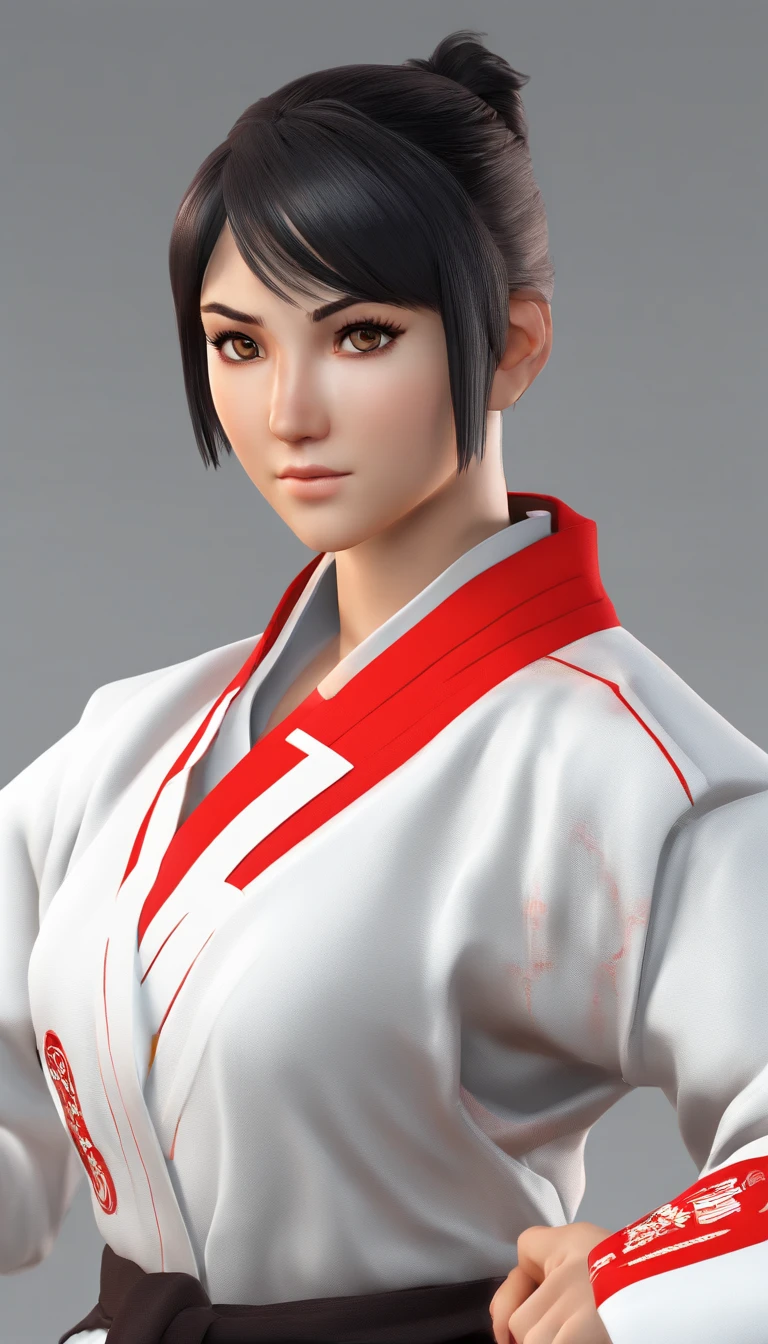 Young Woman in Anime, Wearing a white karate costume, Short black hair with red underage, Concentrated energy, street fighter, Random Karate Pose, (intricate detailes), nffsw, (intricate detailes, super-fine: 1.2), Video, centre,