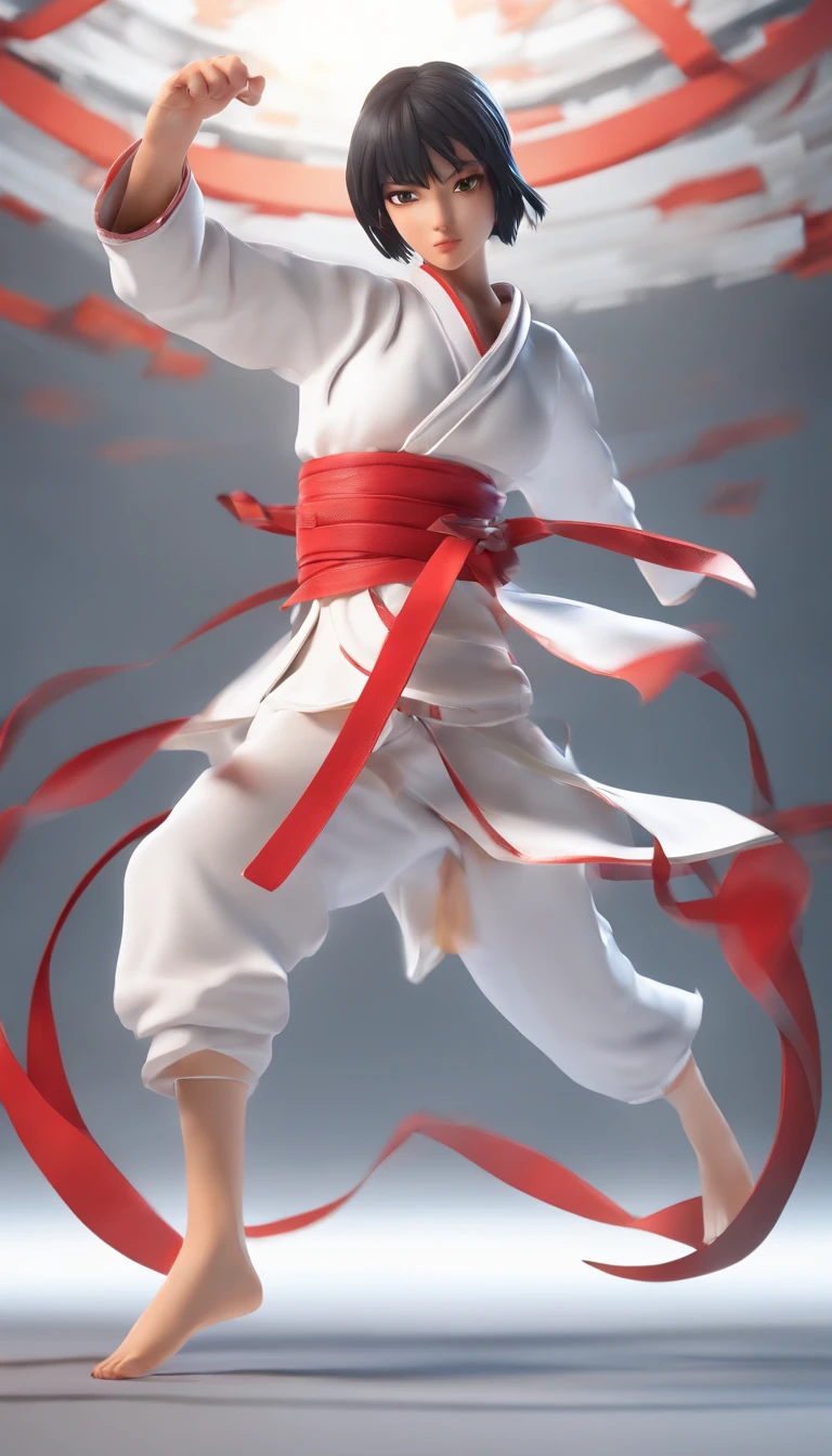 Young Woman in Anime, Wearing a white karate costume, Short black hair with red underage, Concentrated energy, street fighter, Random Karate Pose, (intricate detailes), nffsw, (intricate detailes, super-fine: 1.2), Video, centre,