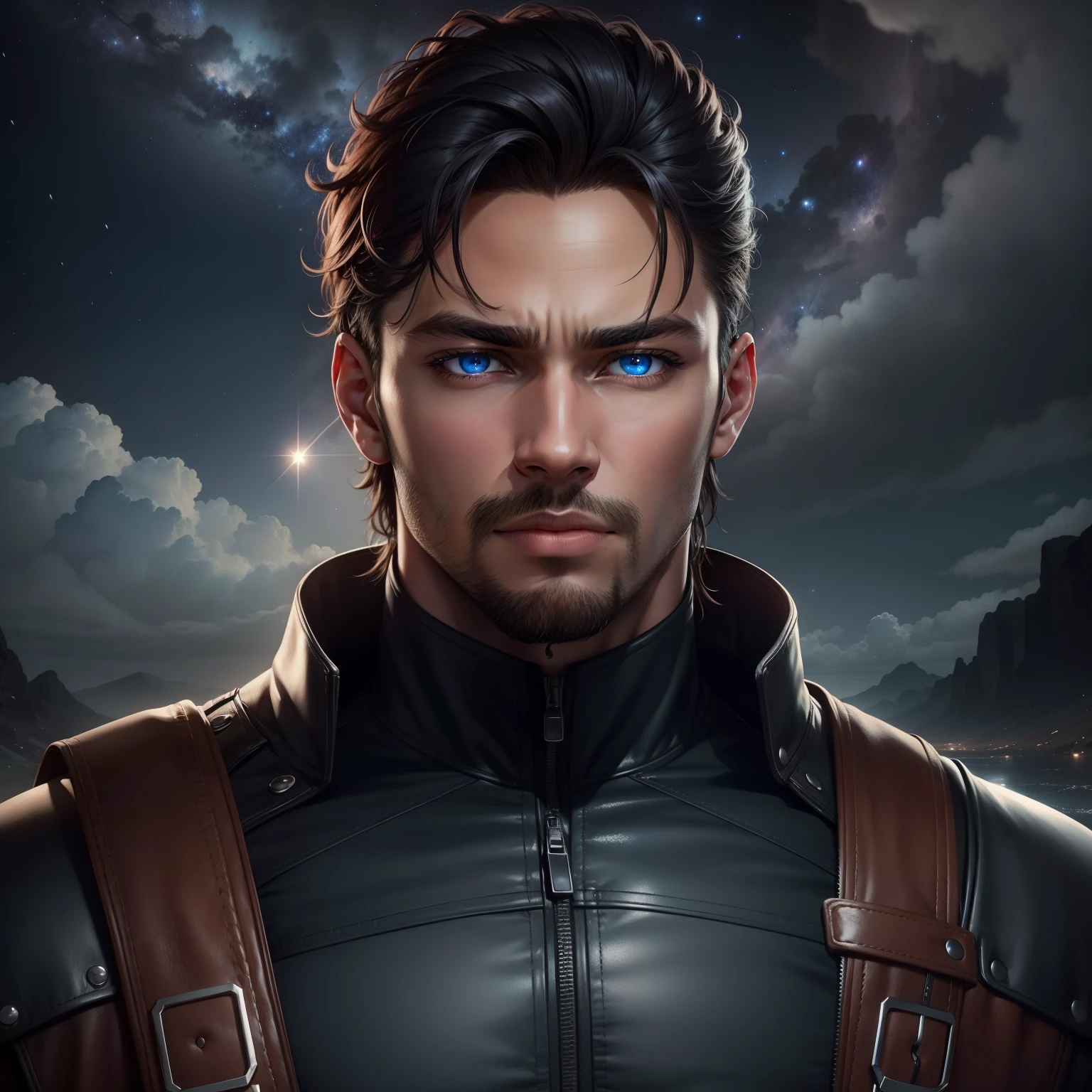 A handsome man looking forward with brown skin with blue eyes in a vast black environment and with a serious but sad look looking at the sky seeing the stars shining softly 1080k realistic HDR lots of quality