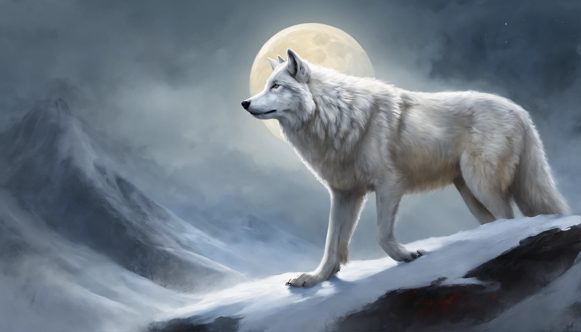 White wolf standing in front of a moon,The volcano ahead erupts with swirling magma,The sky is dark red,Away from the crater is endless black,In front of this white wolf, Countless beast-shaped black shadows rushed towards it,This white wolf was not afraid, And his eyes were firm,Flickering with a faint blue light,The big picture is oppressive and majestic。