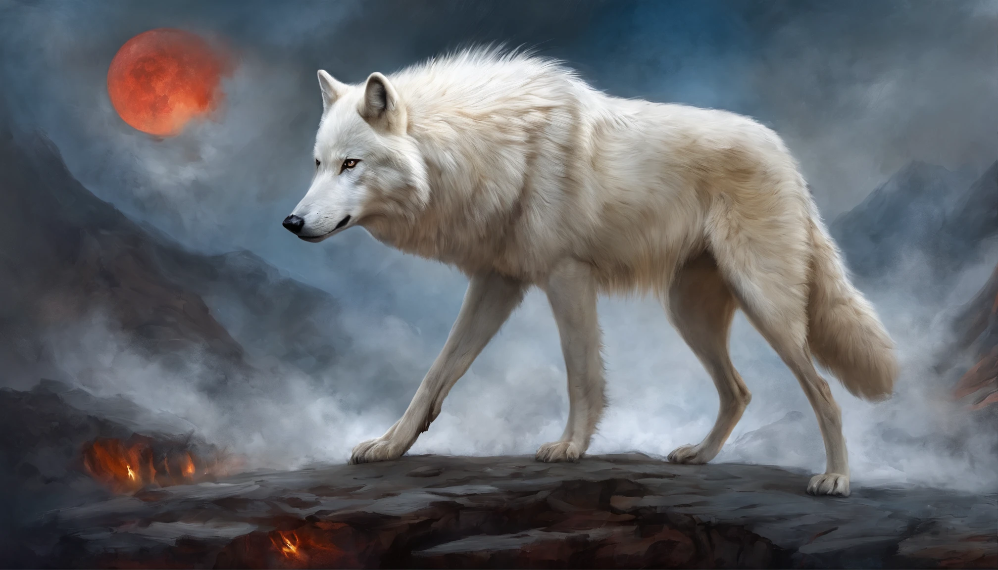 White wolf standing in front of a moon,The volcano ahead erupts with swirling magma,The sky is dark red,Away from the crater is endless black,In front of this white wolf, Countless beast-shaped black shadows rushed towards it,This white wolf was not afraid, And his eyes were firm,Flickering with a faint blue light,The big picture is oppressive and majestic。