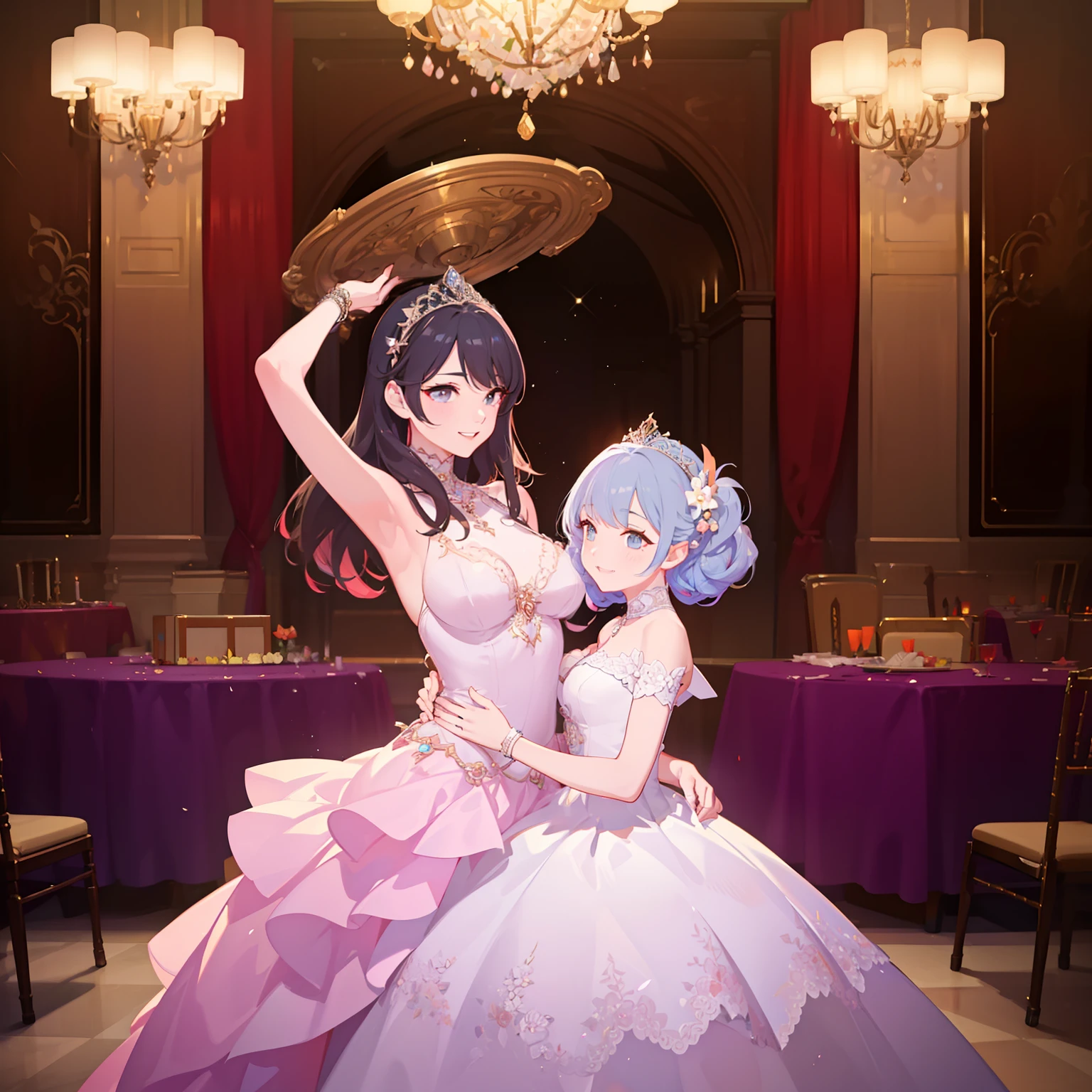 (best quality,4k,8k,highres,masterpiece:1.2),ultra-detailed,(realistic,photorealistic,photo-realistic:1.37),festive,joyful,celebratory,detail-oriented,girlish,eye-catching,long-wearing dress,twinkling tiara,beautifully adorned,ornate venue,colorful decorations,floral arrangements,delicious food,brightly lit ballroom,vibrant atmosphere,formal occasion,traditional ceremony,lively music,energetic dancing,amazing choreography,happy guests,big smiles,memorable experience,lasting memories,a day to cherish,coming of age celebration,Quinceañera