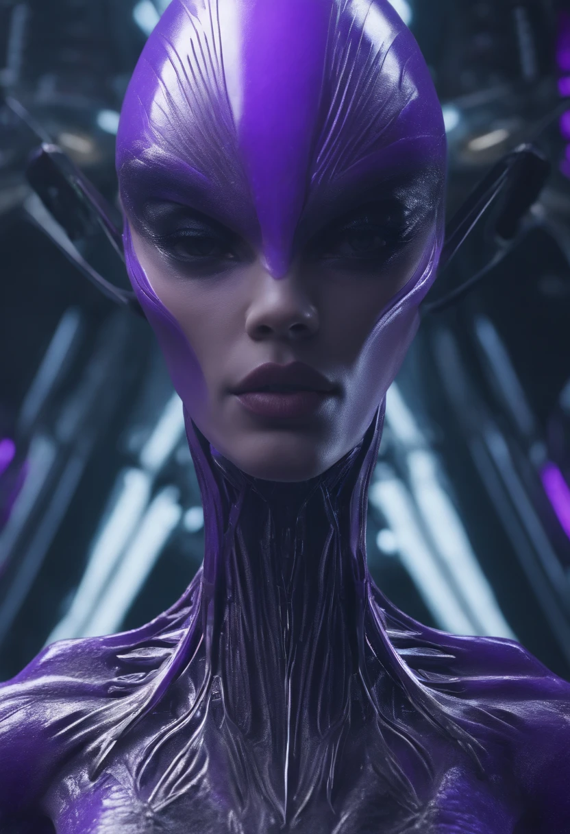 Close-up of a hyper detailed alien in UHD - 4K Exotic Purple Alien , Slightly elongated head -No hair, olhos azuis, large triangulated head, pedra cristal na texto 3 olho, technological tiara symbols alien writing, slim body roroupa, futuristic high-tech 3 fingers, long fingers, nariz pequeno boca pequena, Scenario inside a fleet ship, designer minimalista