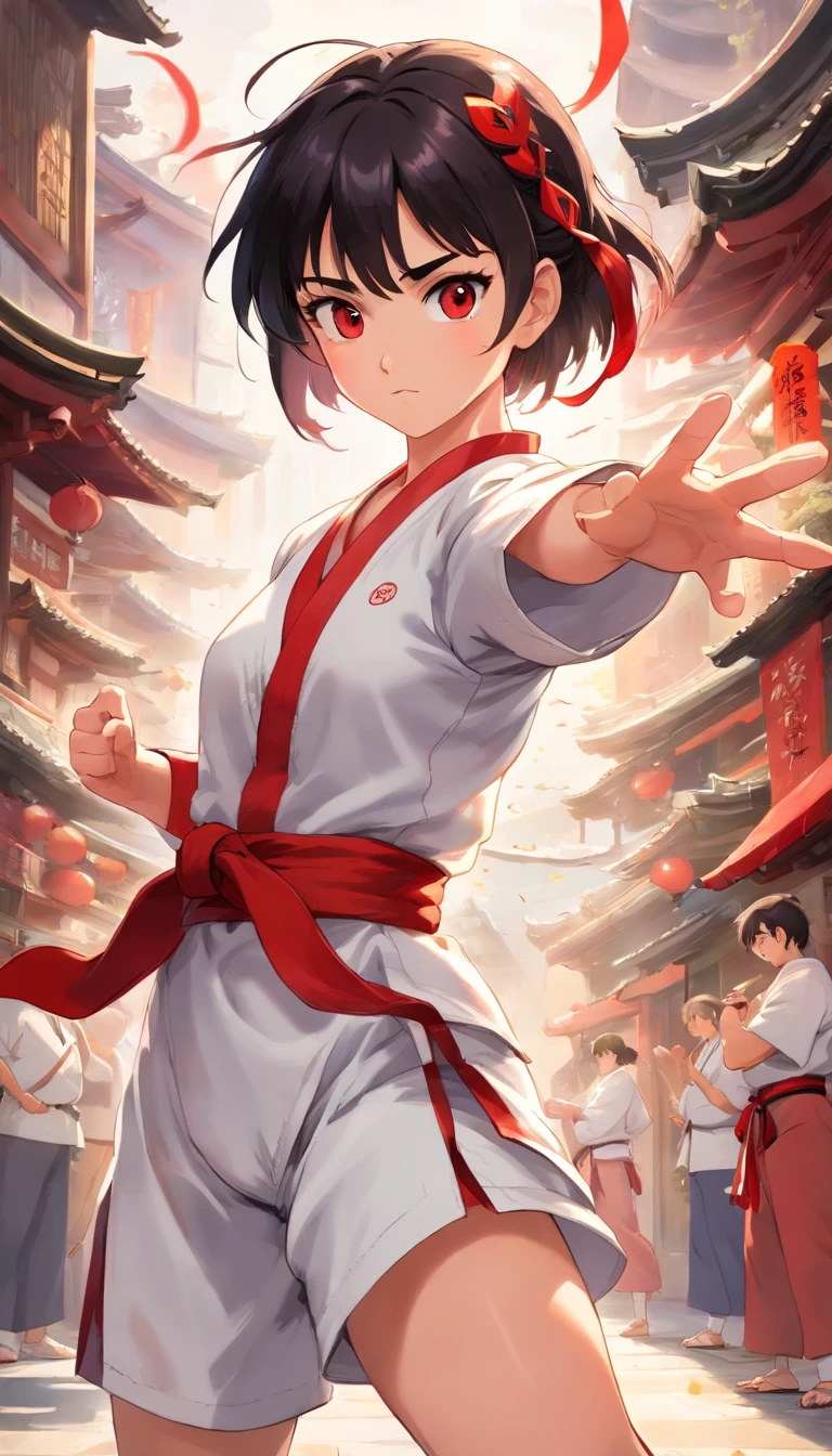 Young Woman in Anime, Wearing a white karate costume, Red minor and short black hair, Concentrated energy, street fighter, Random Karate Pose, (intricate detailes), nffsw, (intricate detailes, super-fine: 1.2), video, middle,