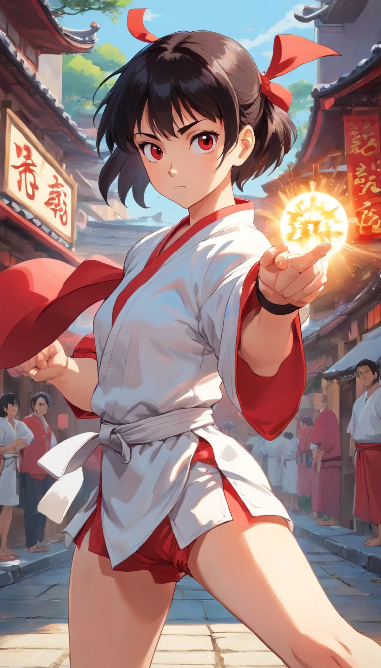 Young Woman in Anime, Wearing a white karate costume, Red minor and short black hair, Concentrated energy, street fighter, Random Karate Pose, (intricate detailes), nffsw, (intricate detailes, super-fine: 1.2), video, middle,