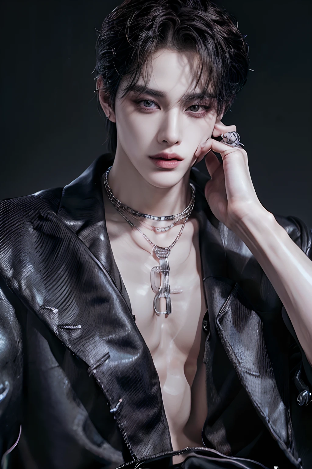 ((badboy)),((ulzzang)),((handsome)),((1man)),((sensuality eyes)),((male)),((black wolf cut hairstyle)),((center)),((8k resolution)),((perfect hands)),((model)),((pose)),((sony A7 Mark 3)),((lens 50mm)),((white studio)),((juicy lips)),((vogue models)),((necklace)),((smart casual outfit))