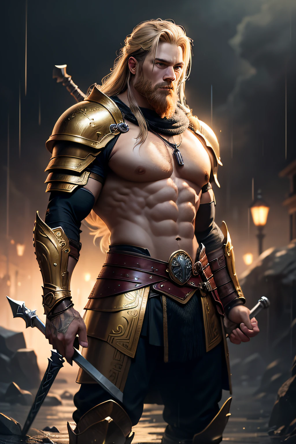 a viking in a full golden armor wielding his weapon with a great physique in the rain dark realistic background