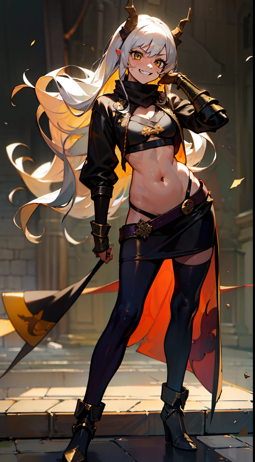 girl,brown skin, hidden arms,long hair, white hair,curly hair,yellow eyes,(((villain,psycho,villain smile, psychopath, angry))), medium boobs,show belly,gold armor outfit, black small shirt,long black stockings, detailed clothes, masterpiece, hyper realistic, high definition,black horns,black pantyhose,elves ears,yellow scarf,full body,(((standing inside of a castle)))