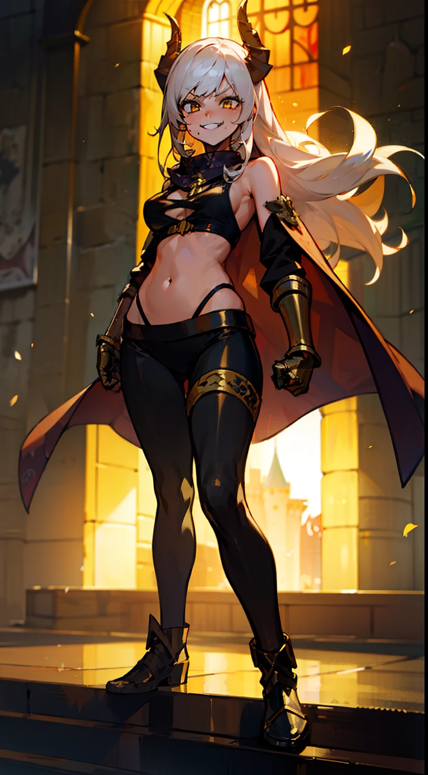 girl,brown skin, hidden arms,long hair, white hair,curly hair,yellow eyes,(((villain,psycho,villain smile, psychopath, angry))), medium boobs,show belly,gold armor outfit, black small shirt,long black stockings, detailed clothes, masterpiece, hyper realistic, high definition,black horns,black pantyhose,elves ears,yellow scarf,full body,(((standing inside of a castle)))