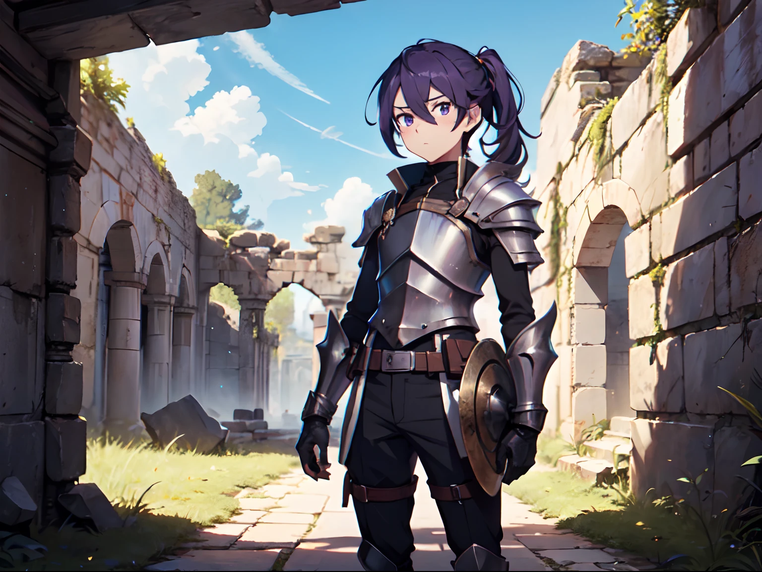 Ultra High Definition, Ultra High Quality, Extremely Detailed, 8k, 1 Boy, Rudeus Greyrat From Mushoku Tensei Anime, Handsome, Armored With War General Armor, Pure Purple Pupil Eyes, Long Haired Tied With Chinese Hairpin, Body To Legs Body Shot, Ancient Ruins Background,