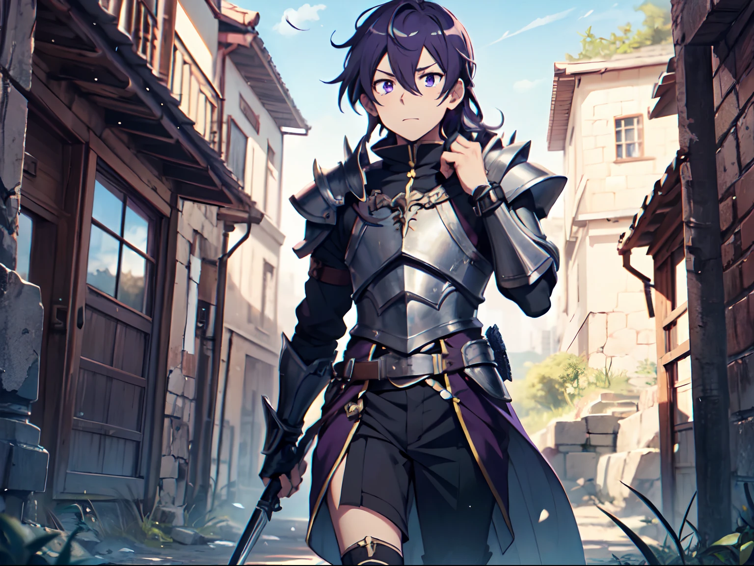 Ultra High Definition, Ultra High Quality, Extremely Detailed, 8k, 1 Boy, Rudeus Greyrat From Mushoku Tensei Anime, Handsome, Armored With War General Armor, Pure Purple Pupil Eyes, Long Haired Tied With Chinese Hairpin, Body To Legs Body Shot, Ancient Ruins Background,