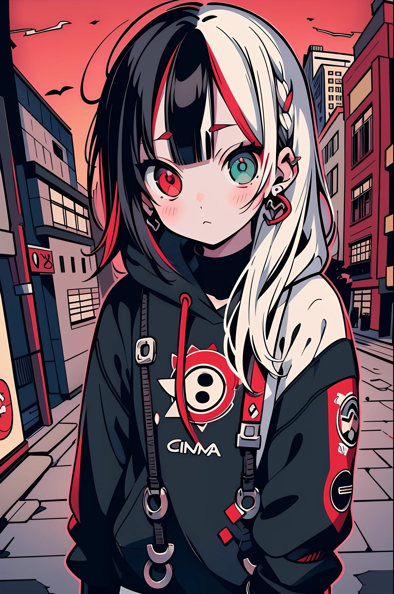 (((gir))),(middle body shot),(split-color hair),(split-color red and white hair),(Medium-Length Hairstyles),(Heterochromia), downtown, girlfriend looking into fisheye lens, cute girl, urban upbringing,black hoodie,1boy,niji