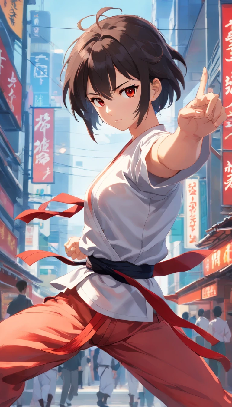Young Woman in Anime, Wearing a white karate costume, short black hair with red minor,, Concentrated energy, street fighter, Random Karate Pose, (intricate detailes), nffsw, (intricate detailes, super-fine: 1.2), video, middle,