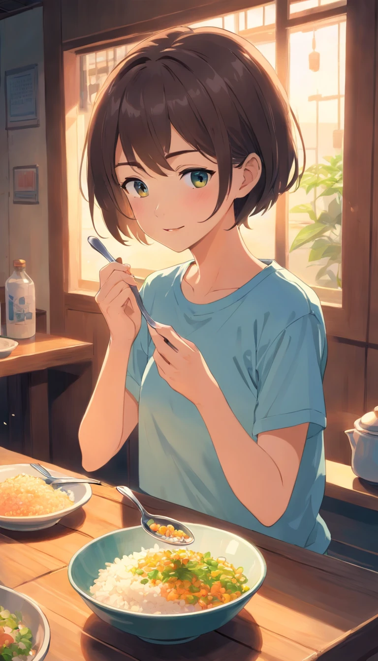 Young woman with short hair Japan、Eating rice with a spoon、slender、tshirts、