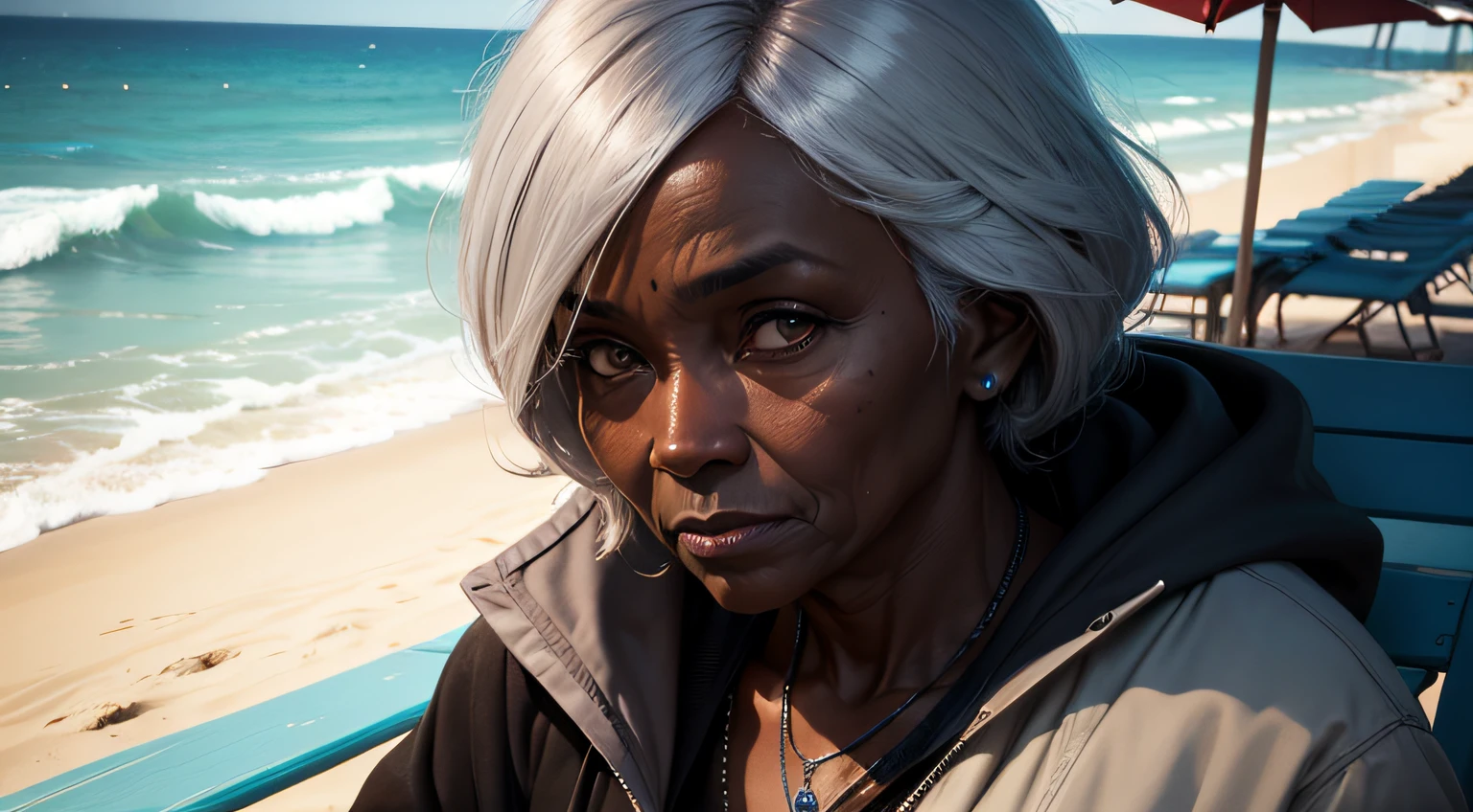 old woman, dark skin, at the beach, cyberpunk