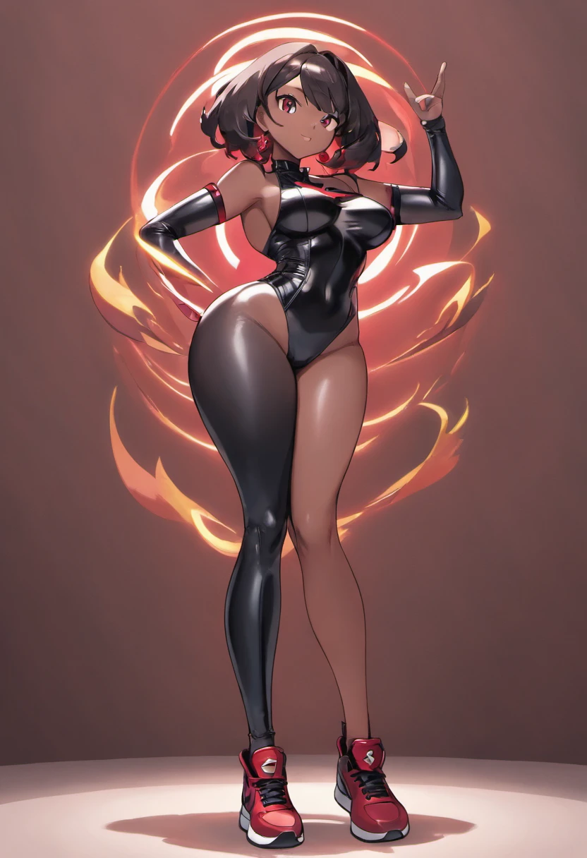 Black woman huge tits wearing Black leather bodysuit with a red R on the cheat and black leather sneakers.