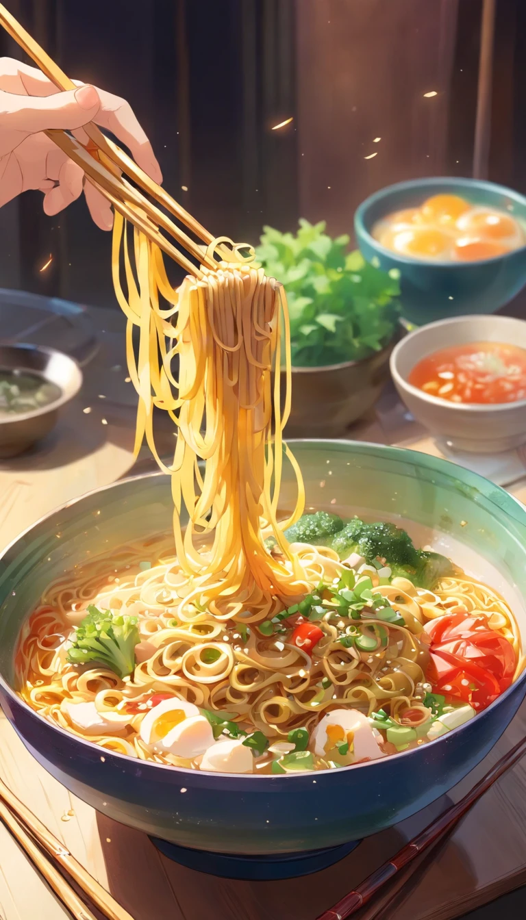 Delicious and attractive spicy noodles,Plenty of fresh vegetables,The aroma of poached eggs is overflowing,Brown shells are tasty and tasty,pepper has a strong flavor,Yellow bamboo shoots are crispy and delicious,The fungus has a delicate taste,Soy curd has a good final flavor,Noodles caught with chopsticks are fragrant。Illustration