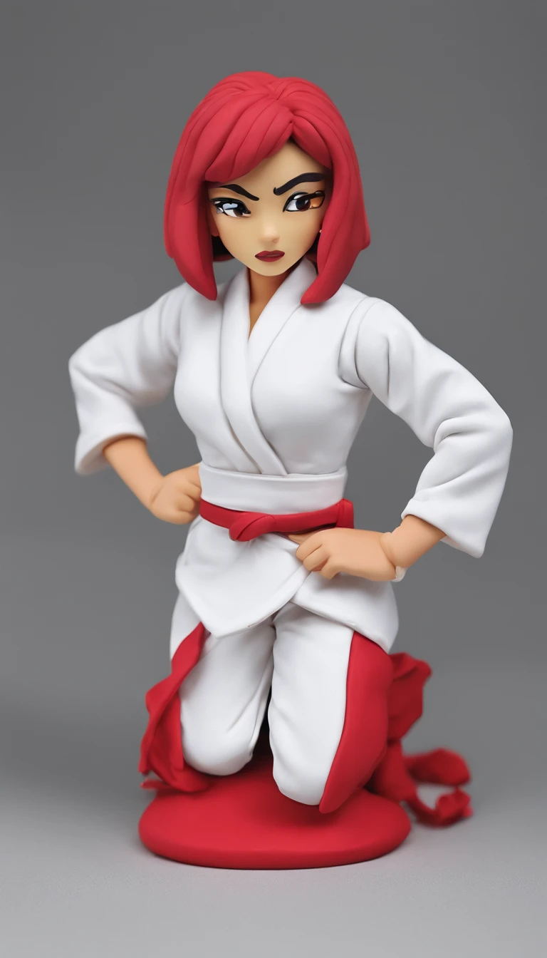 Young Woman in Anime, Wearing a white karate costume, Short black hair in red minor,, Concentrated energy, street fighter, Random Karate Pose, (intricate detailes), nffsw, (intricate detailes, super-fine: 1.2), video, middle,