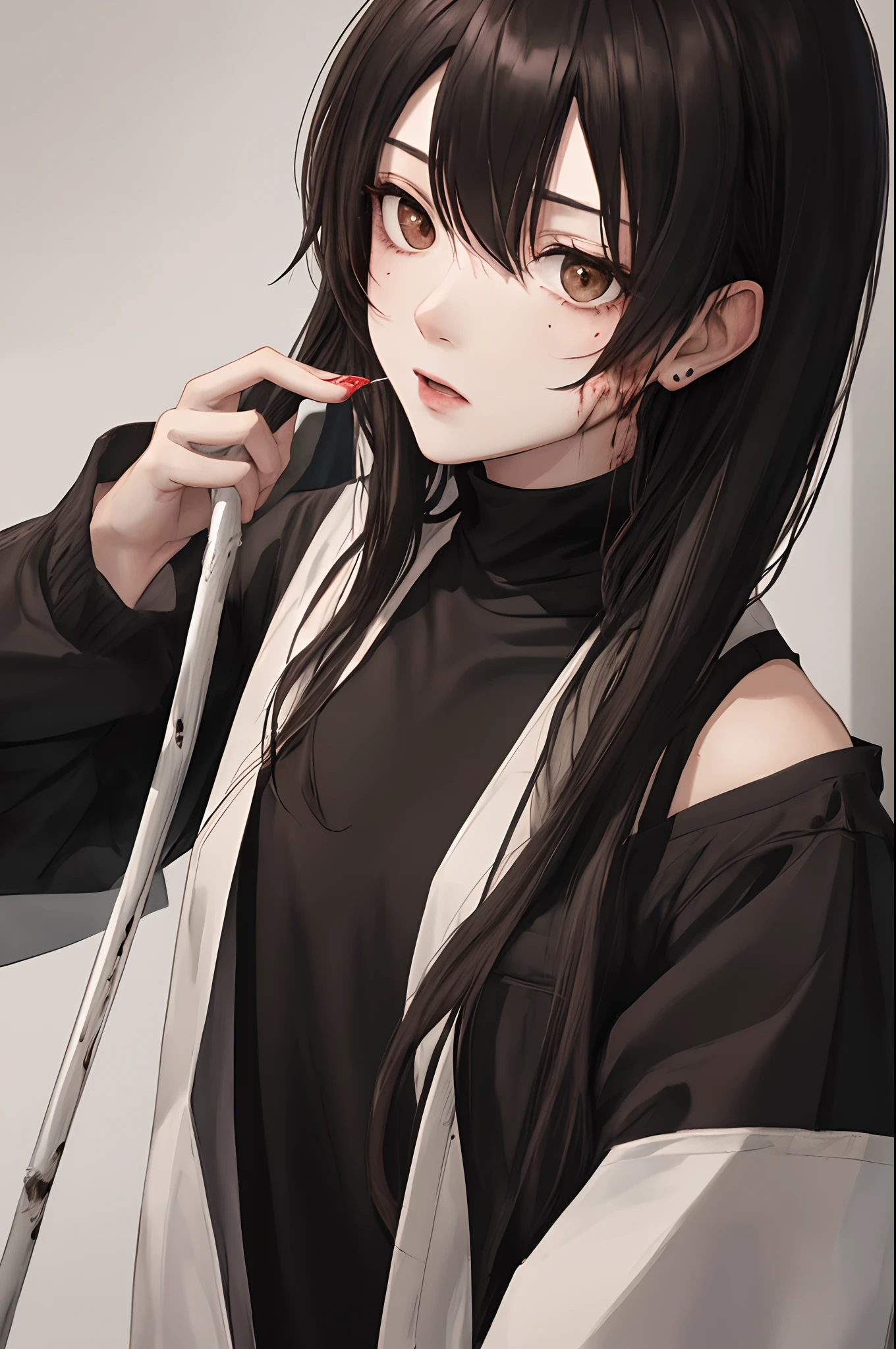 Alta qualidade, Colors with cold feel A ager with black hair and a cold and penetrating place bleeding a little and cleaning himself of genre anime with a brown skin and brown eyes dressed in black