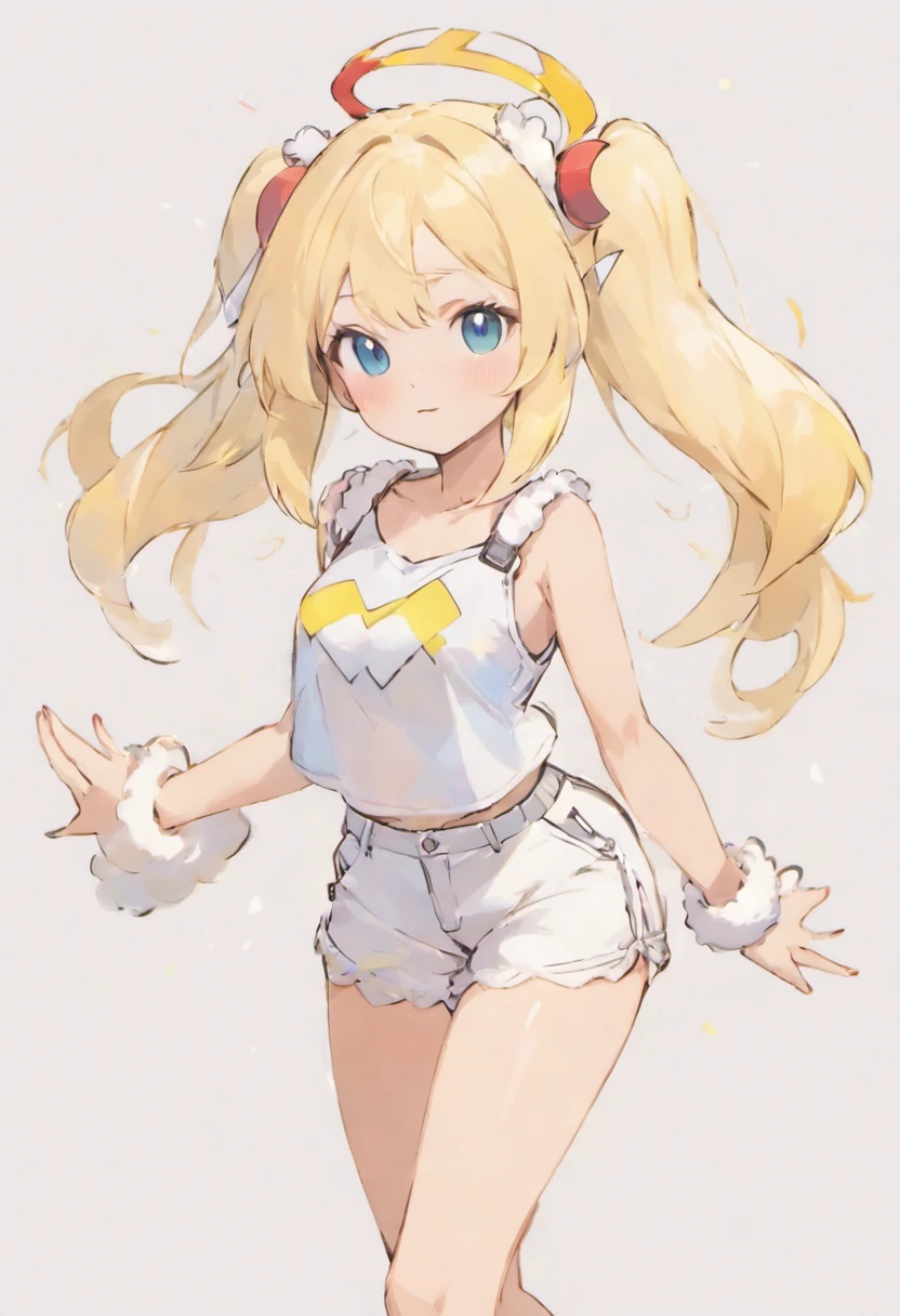 1 girl, blond long hair, bangs, white ear muffs, white strap crop shirt, white shorts, simple background