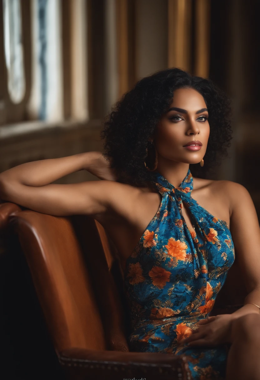 "Describe a scene of a stunning woman sitting facing the camera, radiating confidence, enquanto concede uma entrevista fascinante sobre sua jornada de sucesso."