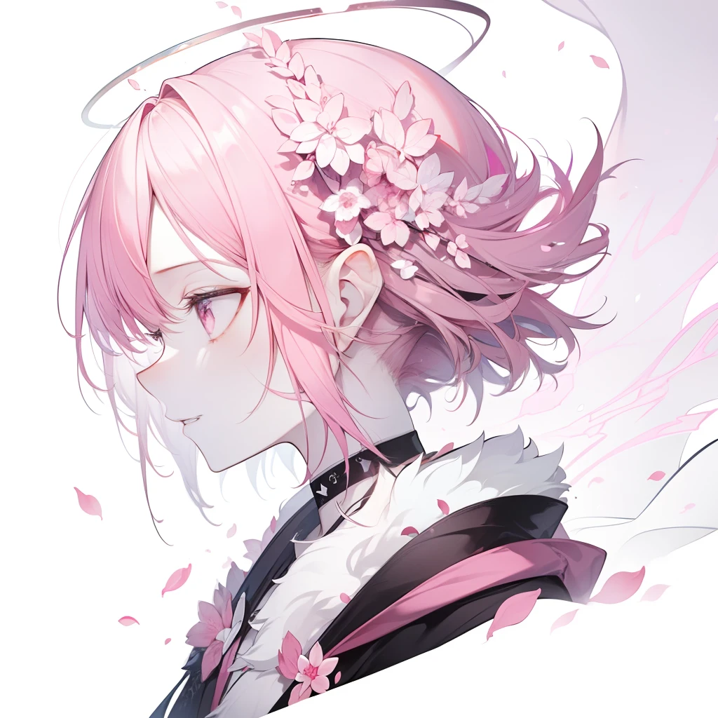 [(White background:1.5)::5] hexagonal shaped,(Detailed face:1.2),Immortal attitude, , peaked, deep gorges, Stars, Turbulent winds, Pink clouds, , portal, Smoke, loimu, Mystical runes, Ancient robes, Pink petals, Halo,Lightning,thunder ,profile view