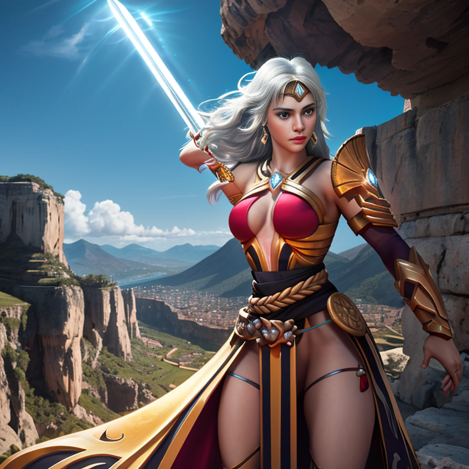 "An imposing paladin wielding a sword imbued with radiant light, emanando magia de luz potente. A cena se passa em uma paisagem urbana sombria e misteriosa, Iluminado pelo brilho da espada do paladino. The composition is expertly crafted, with breathtaking attention to detail and cinematic lighting. The overall aesthetic is reminiscent of Fujifilm photography, capturando a beleza e a profundidade da cena."