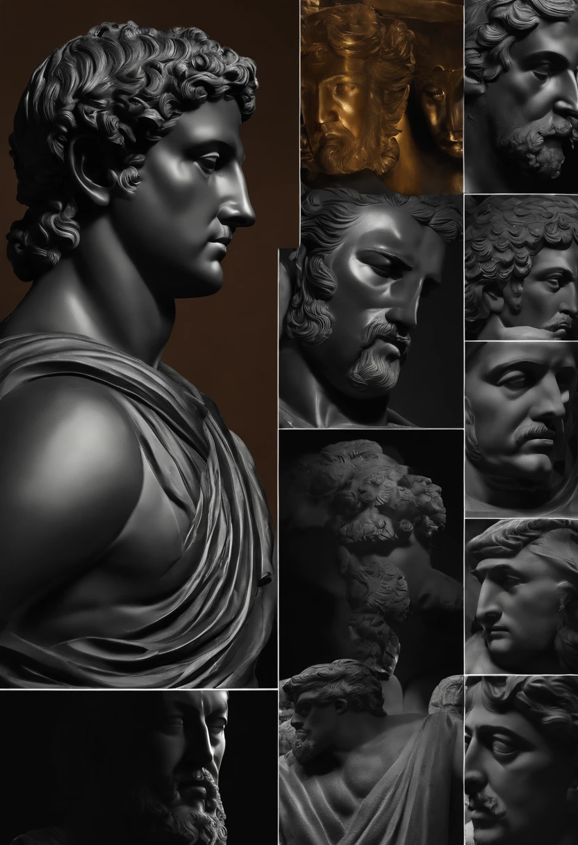 10 Statue different Stoic portraits in black color of the Greek style of a strong man and in lateral form