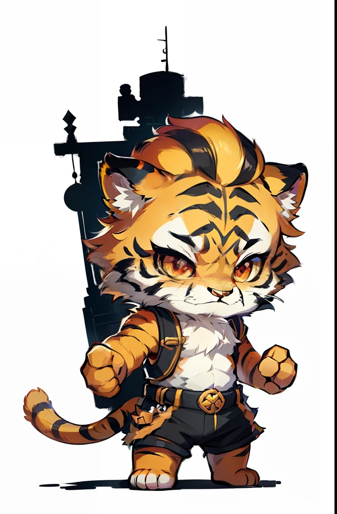 ***ung tiger, baby face tiger ,chibi, anthropomorphic, golden fur, big red eyes,warrior with one weapon, character 1:1,  simple background, pastel color