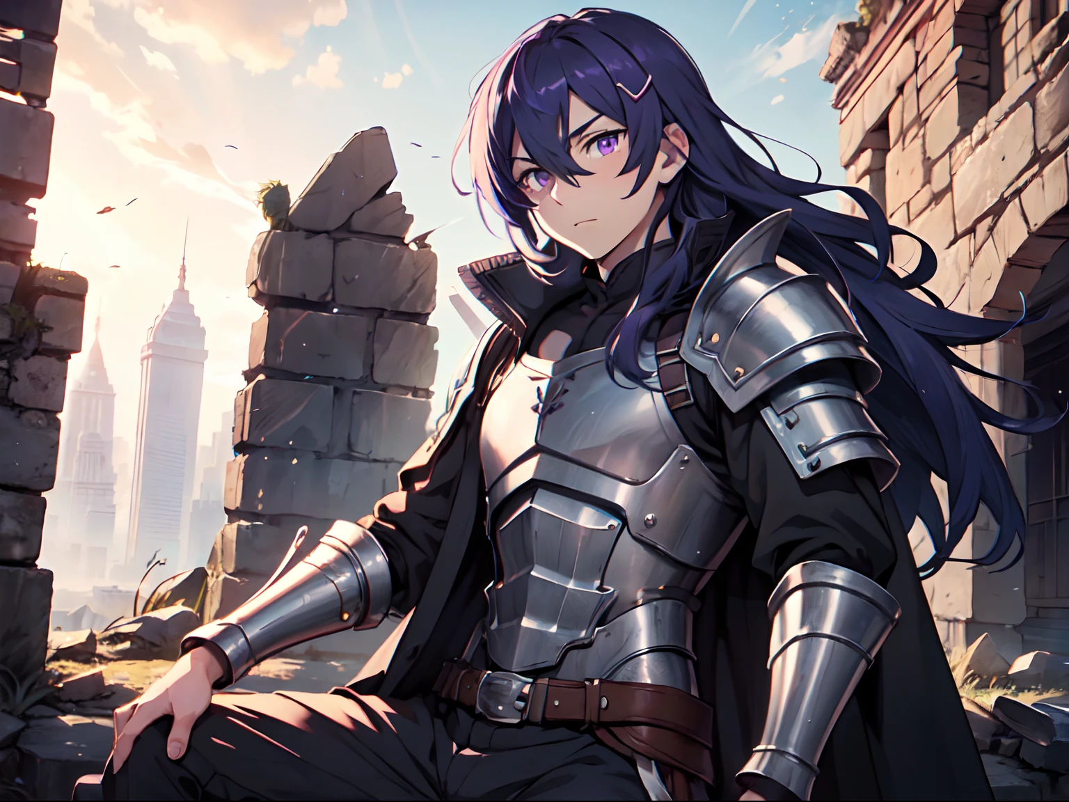 Ultra High Definition, Ultra High Quality, Extremely Detailed, 8k, 1 Boy, Rudeus Greyrat From Mushoku Tensei Anime, Handsome, Armored With War General Armor, Pure Purple Pupil Eyes, Long Haired Tied With Chinese Hairpin, Body To Legs Body Shot, Ancient Ruins Background,