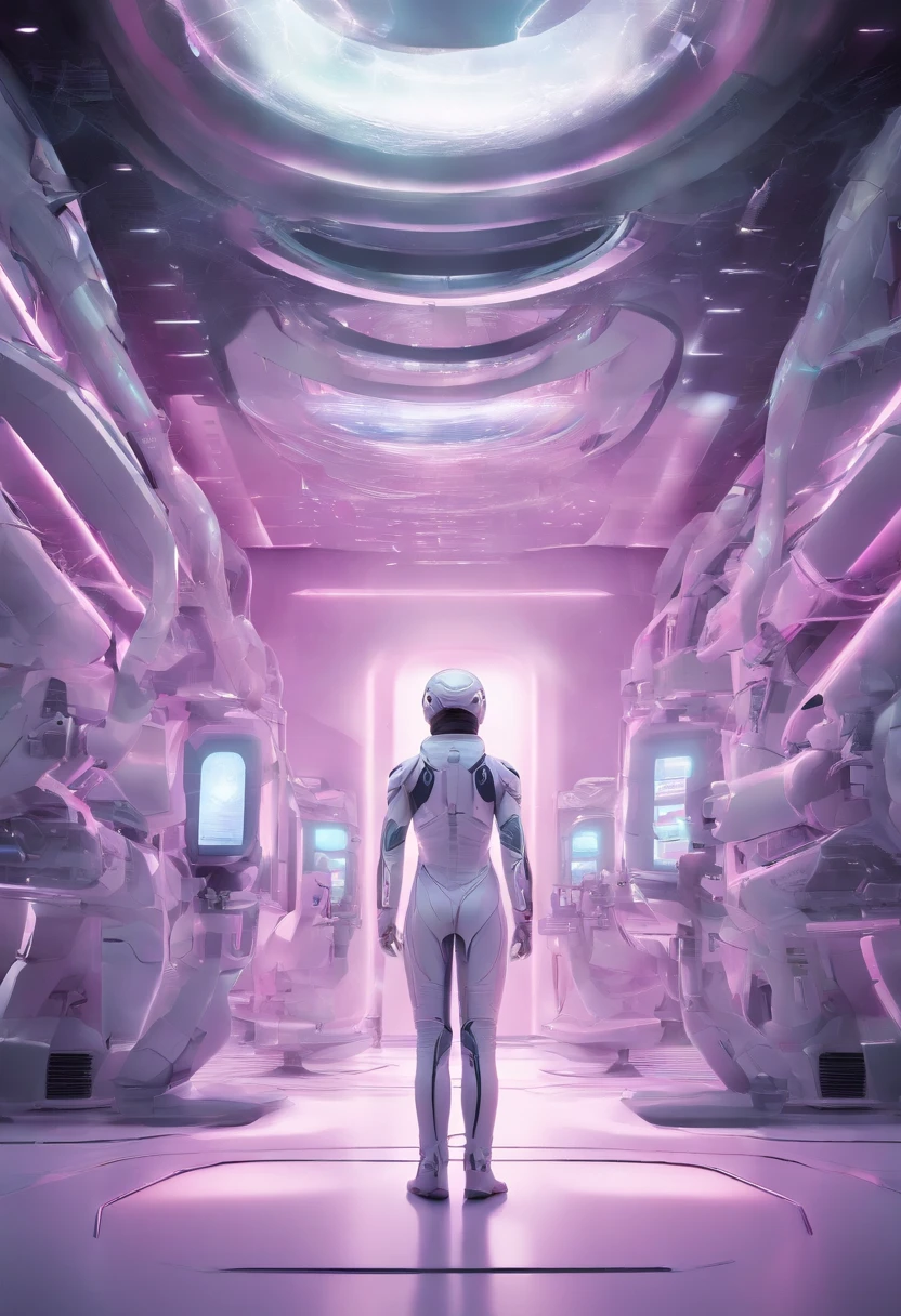 A gigantic, minimalist hall, a stunning laboratory, where specialized alien doctors conduct advanced genetic studies. The atmosphere is saturated with intricate extraterrestrial symbology, and holography flows through space, adicionando camadas de complexidade visual. At the center of this scenario, An alien doctor stands out in her realistic pink costume, cujo olhar cativante e expressivo, characteristic two T-Grey, contrasts with his large head and delicate facial features. The camera, positioned at a strategic distance, captures a bird's-eye view that encompasses both the breadth of the laboratory and the expertise of physicians who dedicate themselves to their tasks with precision. In the midst of futuristic technology, The lab proves to be a site of deep genetic exploration, where the combination of alien medical skills and technological advances results in a breathtaking visual and scientific spectacle.