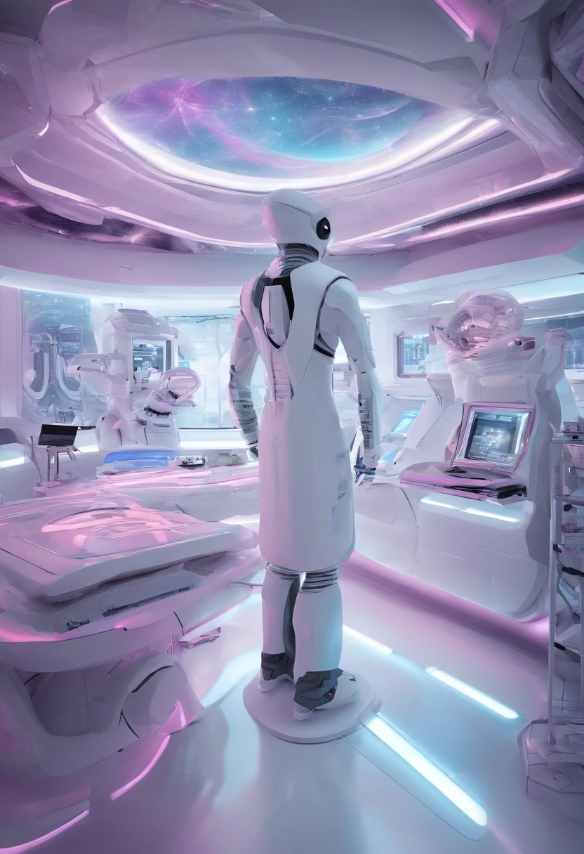 A gigantic, minimalist hall, a stunning laboratory, where specialized alien doctors conduct advanced genetic studies. The atmosphere is saturated with intricate extraterrestrial symbology, and holography flows through space, adicionando camadas de complexidade visual. At the center of this scenario, An alien doctor stands out in her realistic pink costume, cujo olhar cativante e expressivo, characteristic two T-Grey, contrasts with his large head and delicate facial features. The camera, positioned at a strategic distance, captures a bird's-eye view that encompasses both the breadth of the laboratory and the expertise of physicians who dedicate themselves to their tasks with precision. In the midst of futuristic technology, The lab proves to be a site of deep genetic exploration, where the combination of alien medical skills and technological advances results in a breathtaking visual and scientific spectacle.