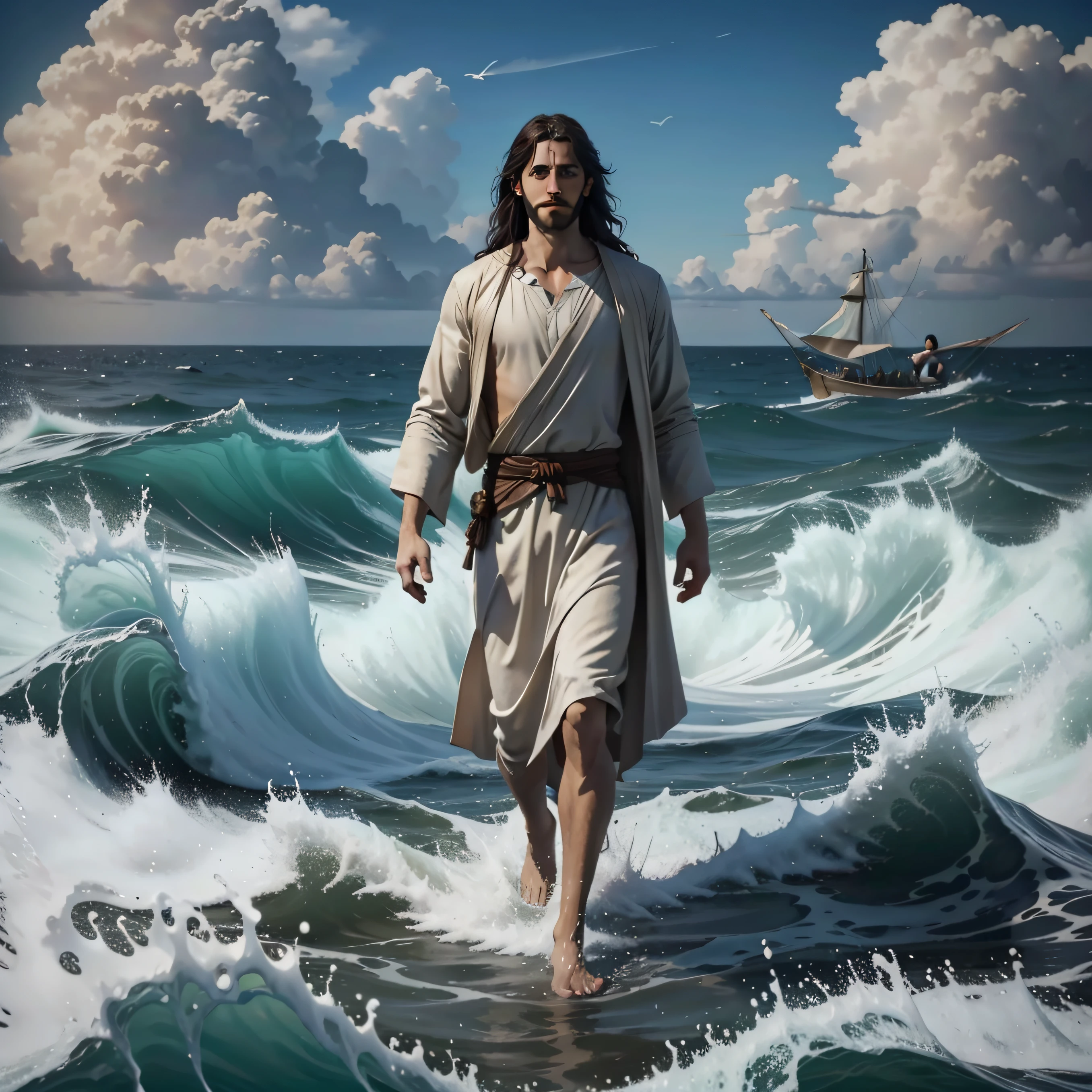 Jesus walking on water with a flying cloud in the background, Jesus walking on water, biblical illustration, epic biblical representation, forcing him to flee, saindo do oceano, ! holding in his hand!, Desembarcar, Deus do Oceano, beautiful depiction, Modelo 3D 8k, Realistic, com pequenos barcos de pescadores no fundo , ao lado esquerdo uma pequena ilhas