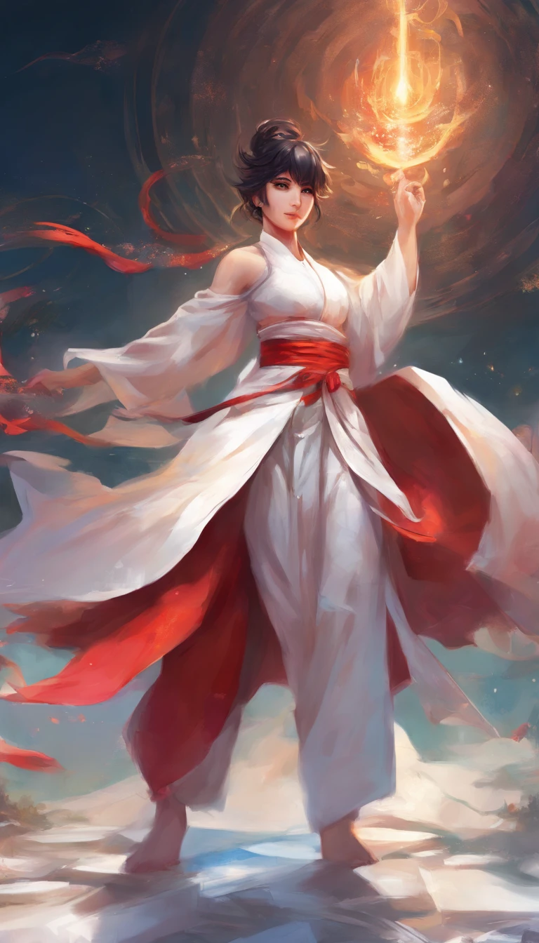 Young Woman in Anime, Wearing a white karate costume, Short black hair in red minor,, Concentrated energy, street fighter, Random Karate Pose, (intricate detailes), nffsw, (intricate detailes, super-fine: 1.2), video, middle,