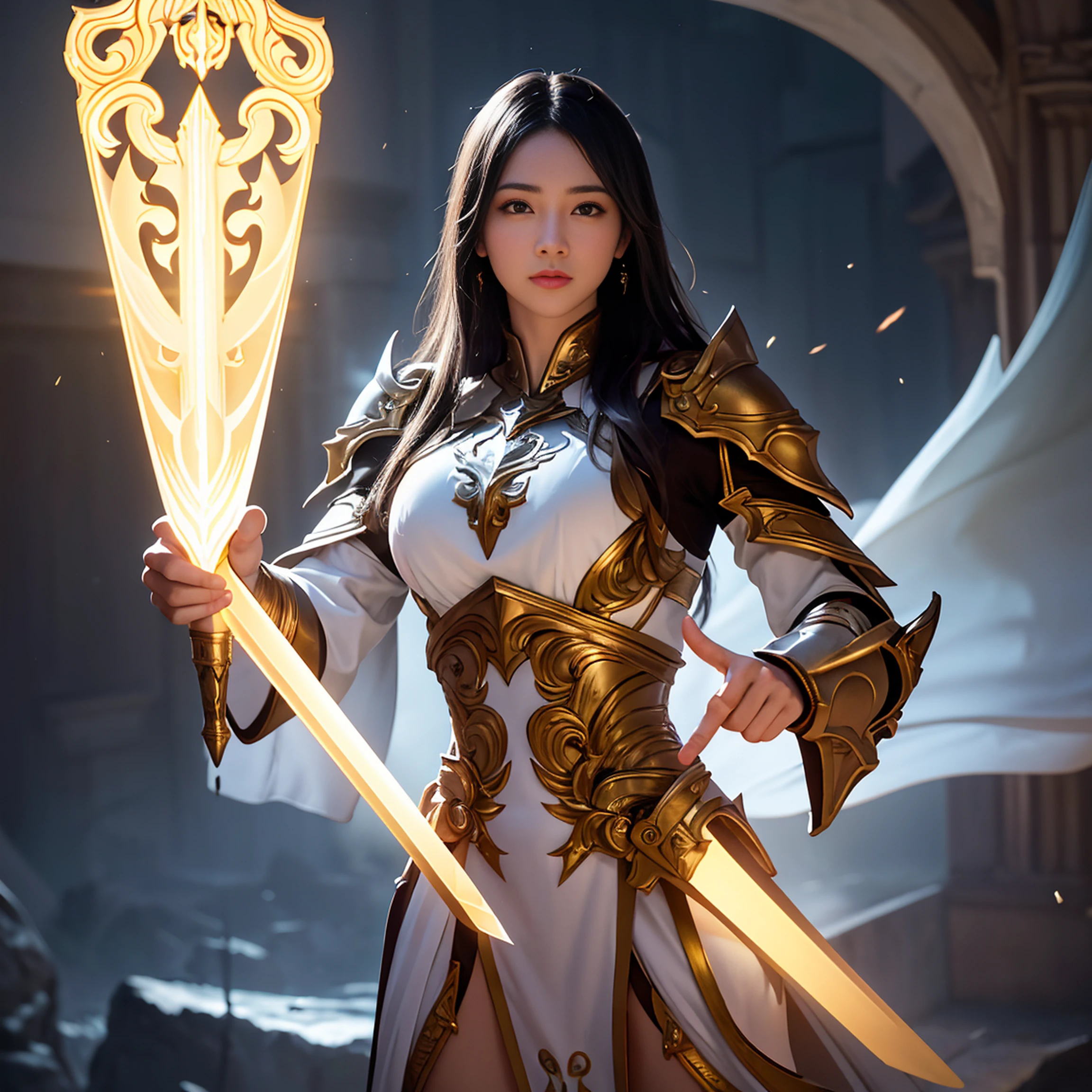 "An imposing paladin wielding a sword imbued with radiant light, emanando magia de luz potente. A cena se passa em uma paisagem urbana sombria e misteriosa, Iluminado pelo brilho da espada do paladino. The composition is expertly crafted, with breathtaking attention to detail and cinematic lighting. The overall aesthetic is reminiscent of Fujifilm photography, capturando a beleza e a profundidade da cena."
