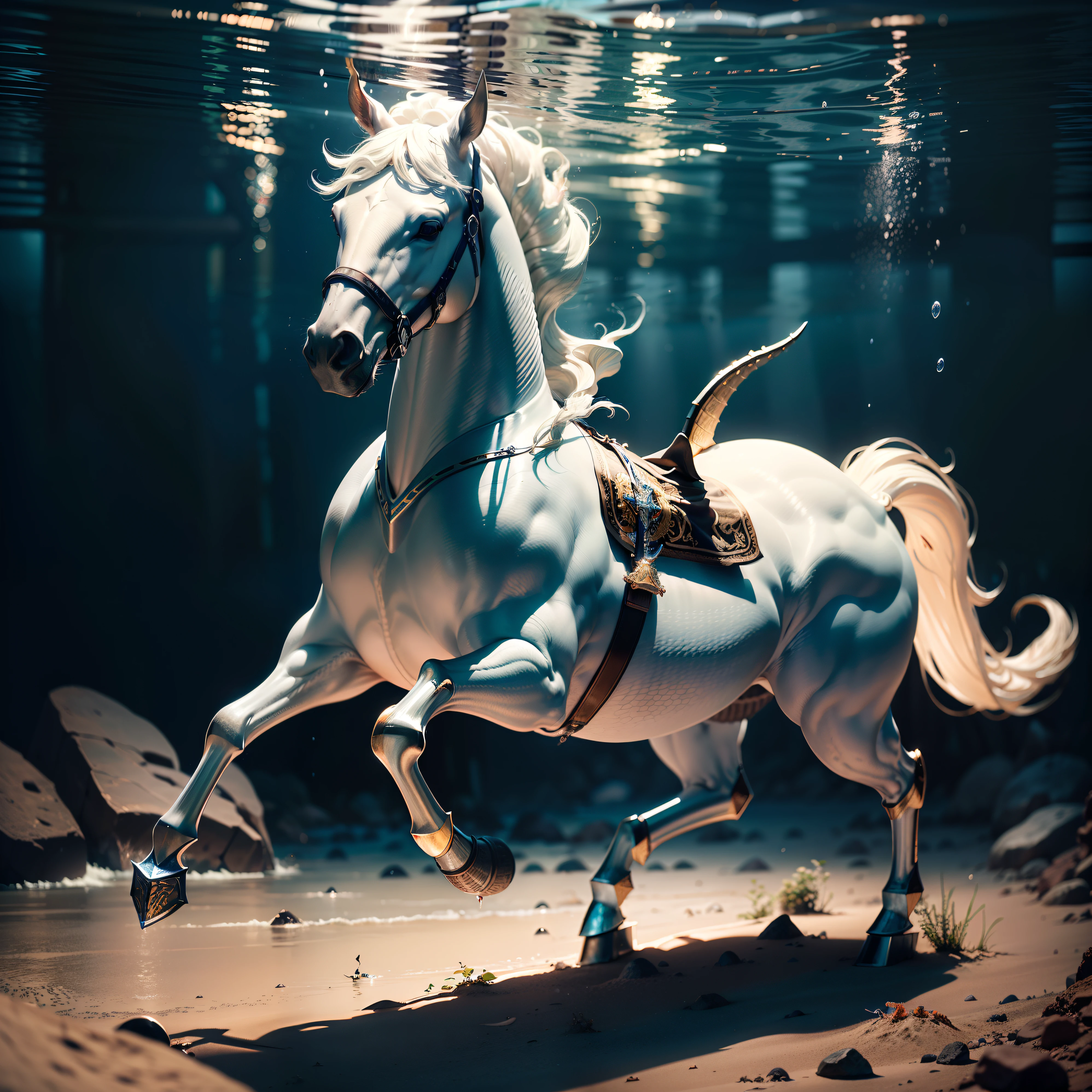 Create an incredibly realistic underwater image, foco corpo inteiro no centro , ultra-detalhada e intrincada imagem de |(((um belo guerreiro |armas espada e escudo bem definidos)))| Looking at camera |cavalgando um Hippocampus da mitologia, hybrid horse with no hind legs just a long fishtail, metade cavalo e metade peixe, sua calda substitui as patas traseiras do cavaloSemnpqtas traseiras| (((( cavalo com cauda de peixe substitui as patas traseiras, Hippocampus da mitologia)))). The water should have a deep blue tone and convey the feeling of the depth of the ocean. Por favor, Make the image as detailed and impressive as possible. cinematiclight, disco Rigido, artistic work, fotografia premiada, ultra realidade.