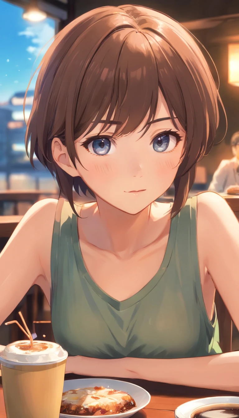 The girl sat down at the table,There was a plate of coffee and food,realistic anime art style, realistic anime 3 d style, Detailed Digital Anime Art, charming anime girls, The eyes are depressive,largeeyes,cabelos preto e longos,Realistic anime art style, 4k manga wallpapers, Beautiful anime girl, 4k anime wallpaper, style of anime4 K, Anime Realism Style, detailed portrait of an anime girl