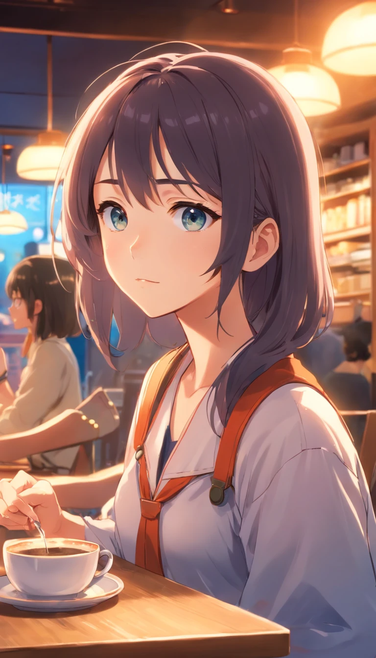 The girl sat down at the table,There was a plate of coffee and food,realistic anime art style, realistic anime 3 d style, Detailed Digital Anime Art, charming anime girls, The eyes are depressive,largeeyes,cabelos preto e longos,Realistic anime art style, 4k manga wallpapers, Beautiful anime girl, 4k anime wallpaper, style of anime4 K, Anime Realism Style, detailed portrait of an anime girl